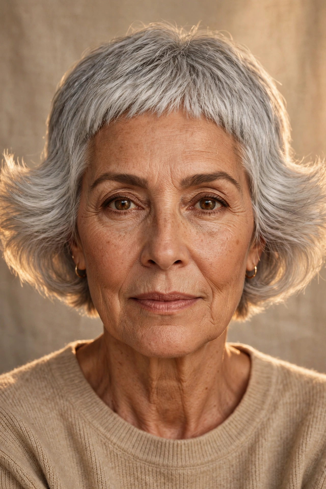 Gray pixie for oblong faces with temple volume
