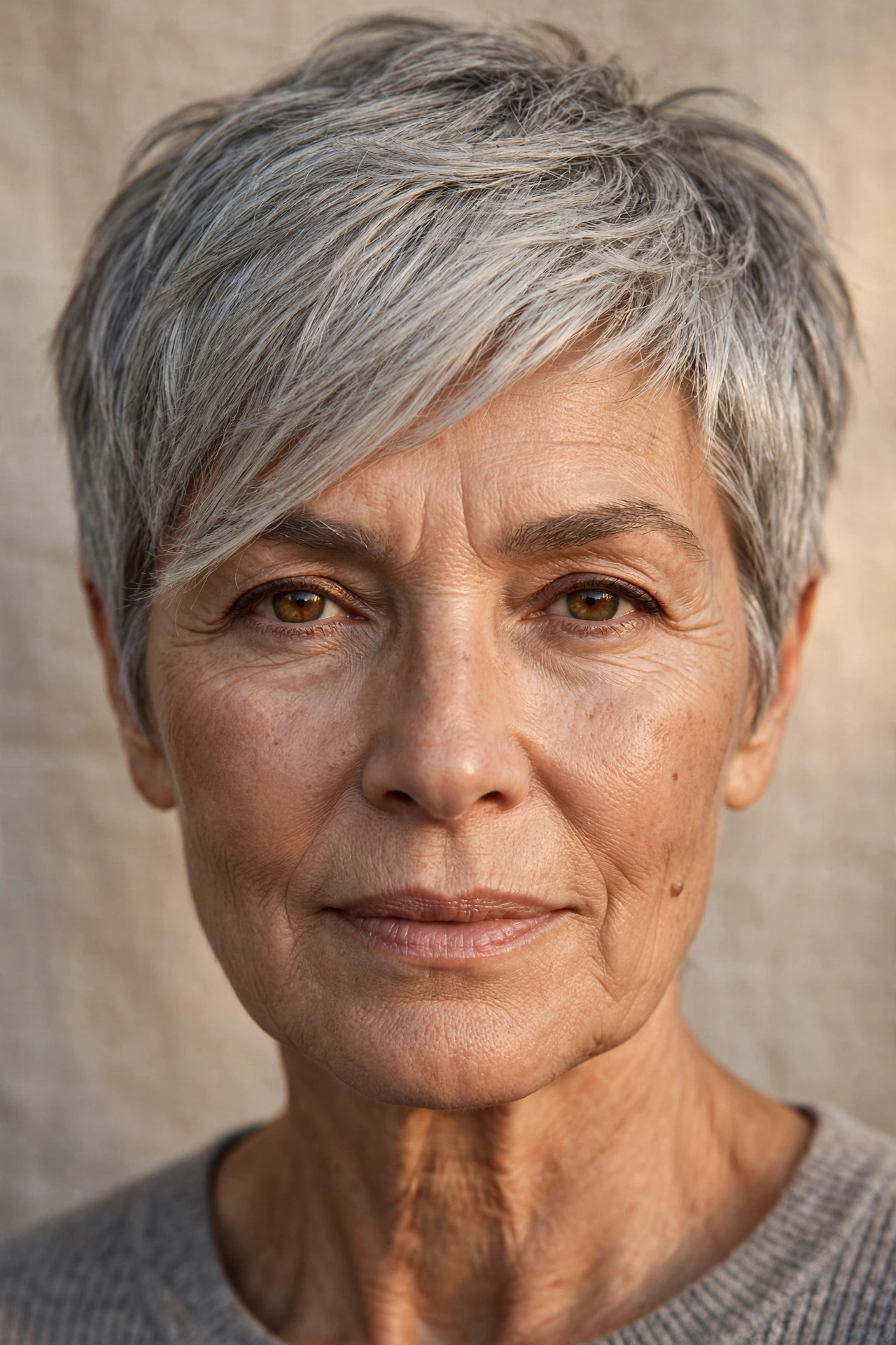 Gray pixie for square faces with diagonal fringe