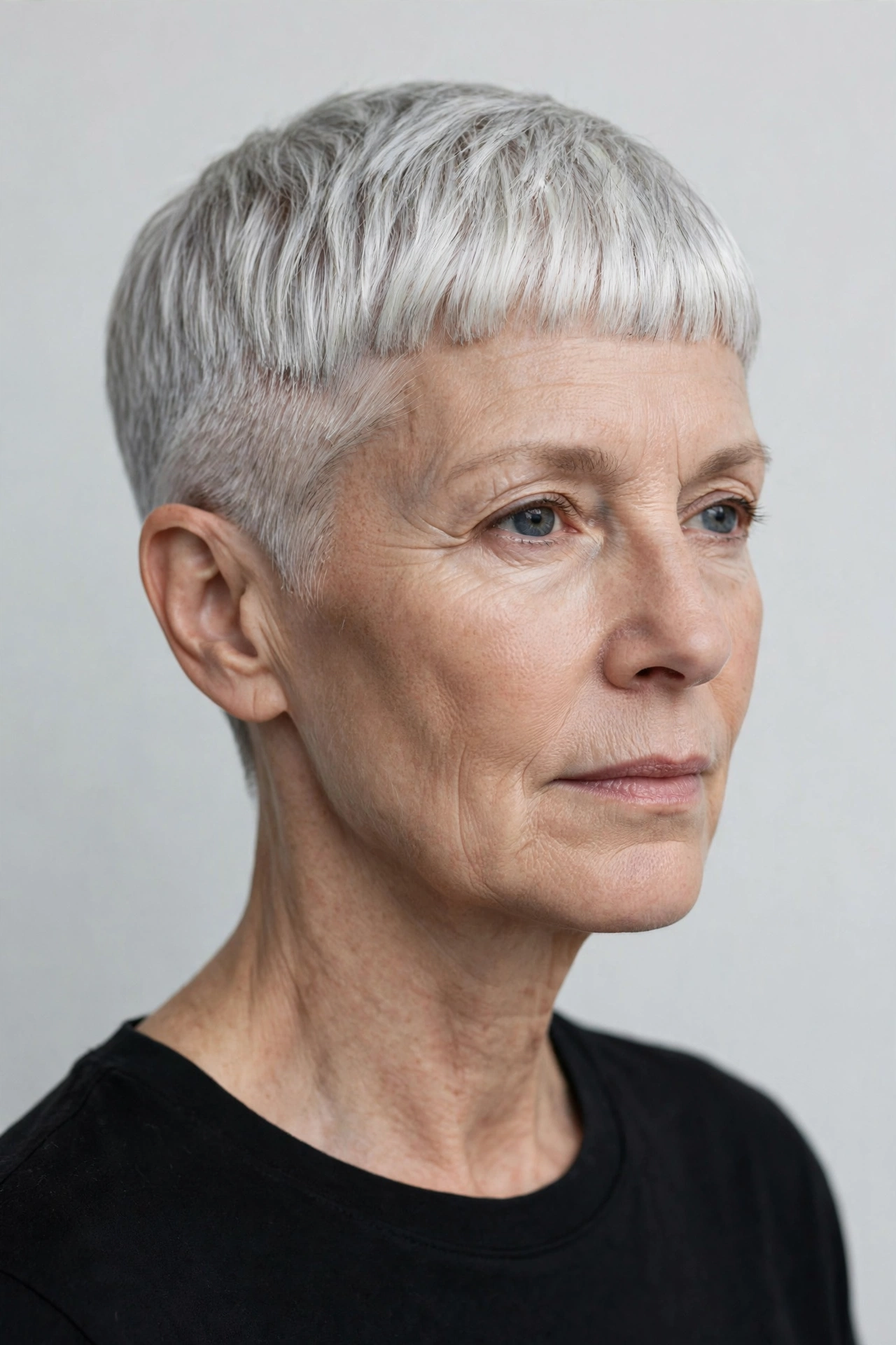 Gray French crop pixie with forward fringe