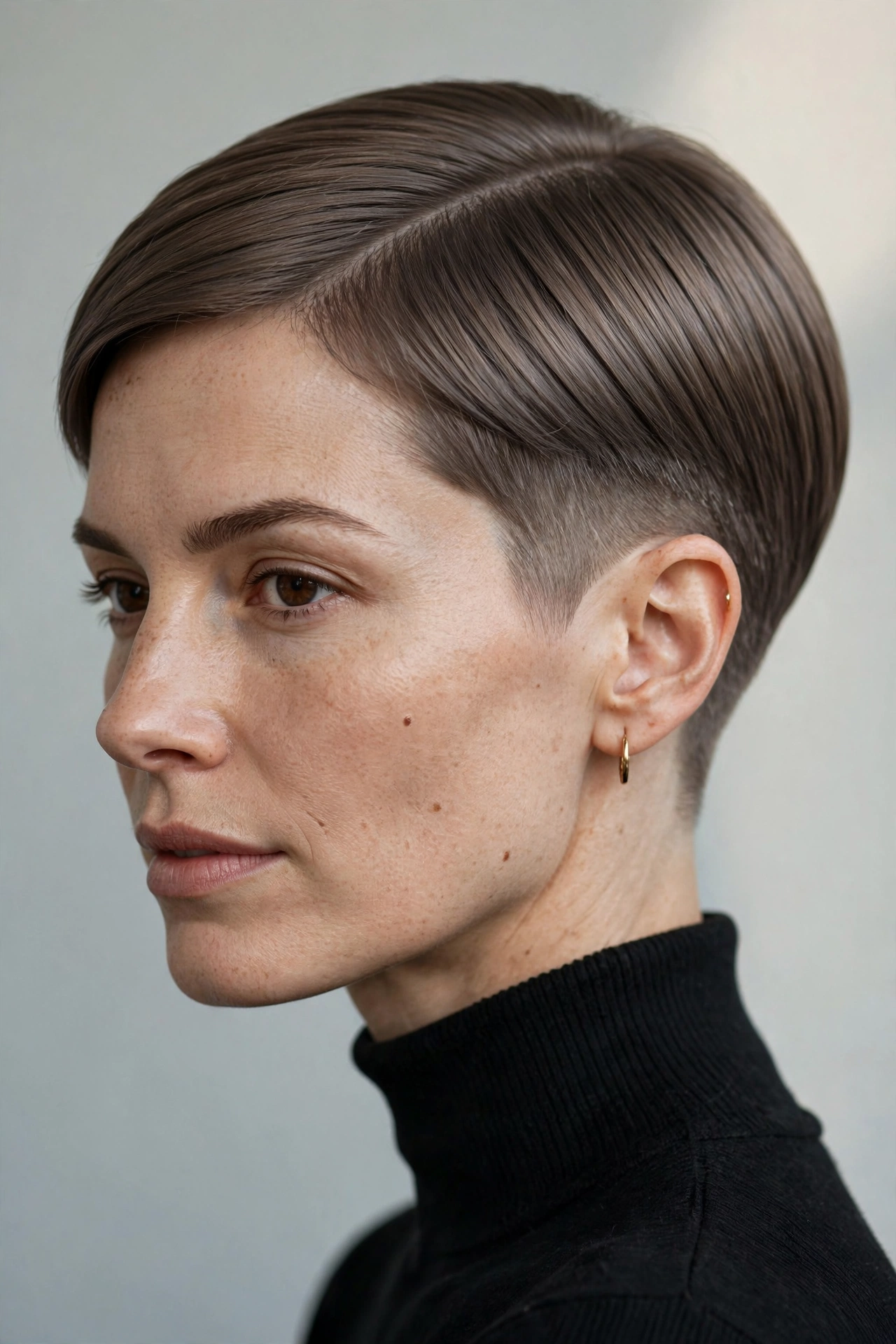 Classic sleek taper pixie with flat-lying crown on straight fine hair