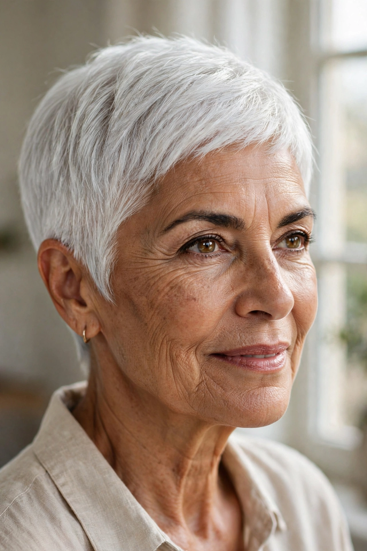 Luminous silver crop pixie on a woman over 60 with pure silver-white hair