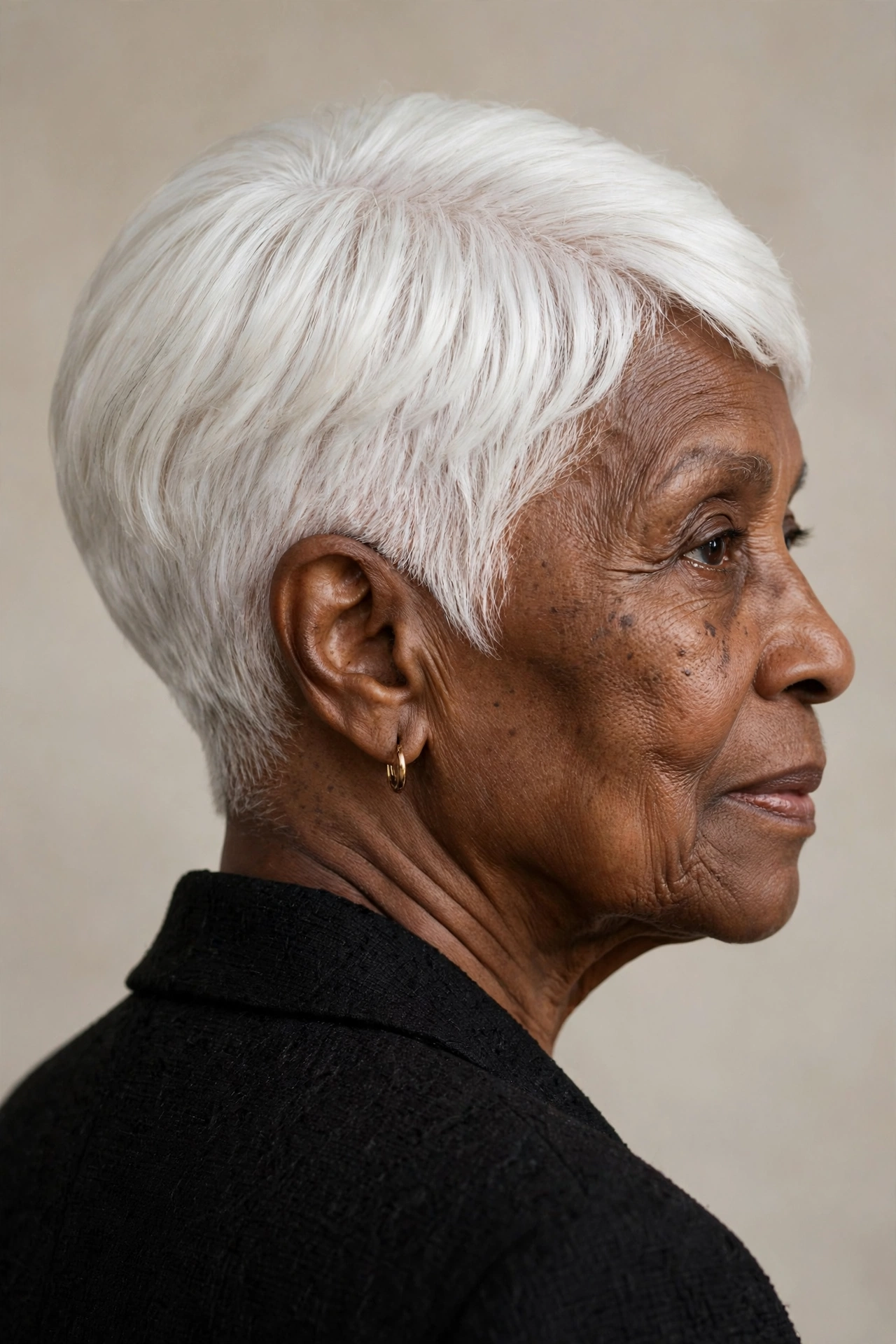 Soft-taper white pixie on a woman over 60 with smooth crown
