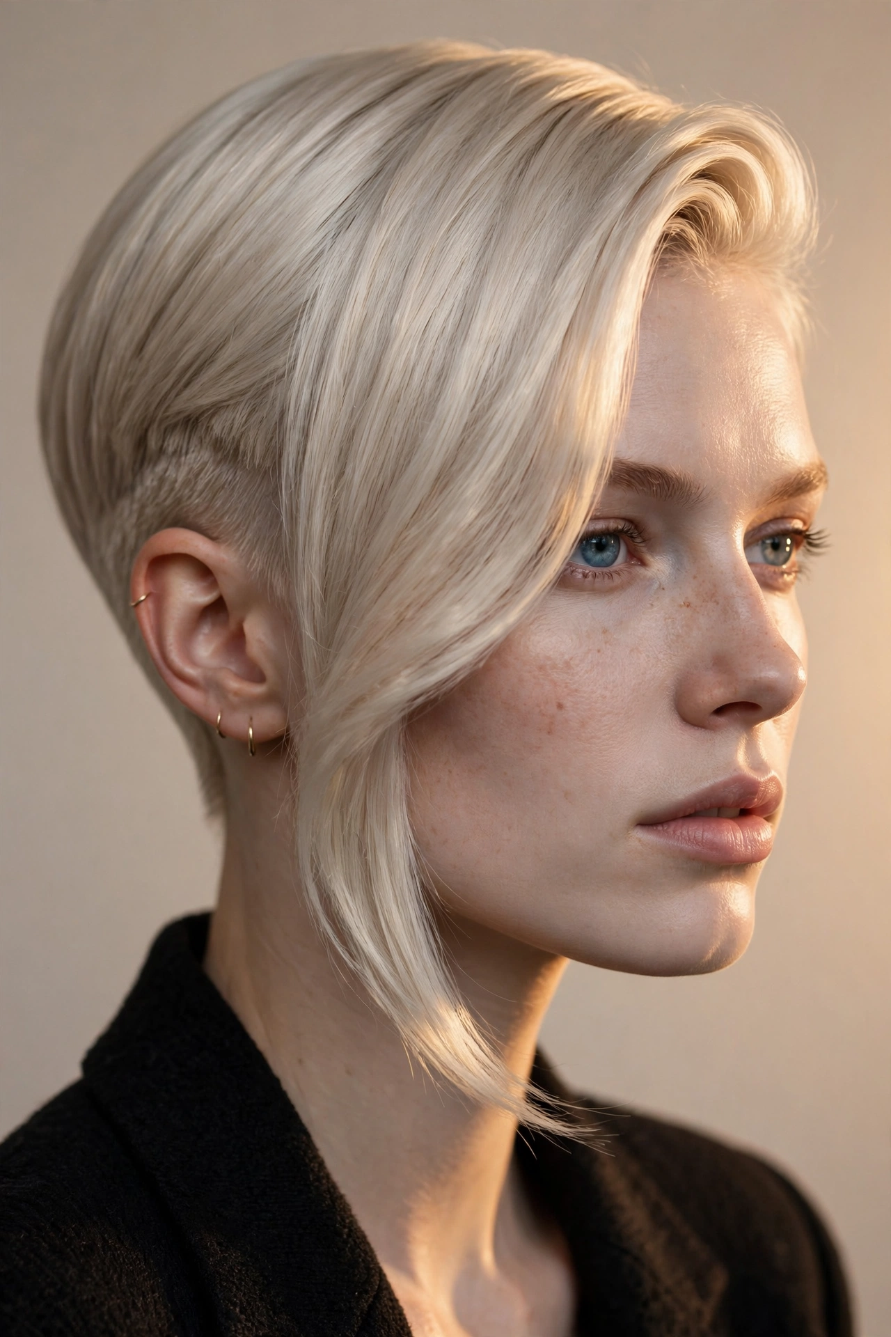 Side-swept straight pixie in platinum blonde with asymmetric sweep