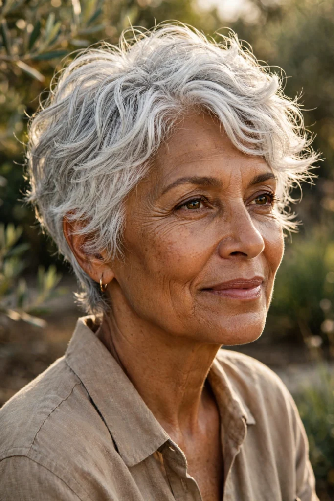 Textured silver crop pixie on a woman over 60 with natural wavy movement
