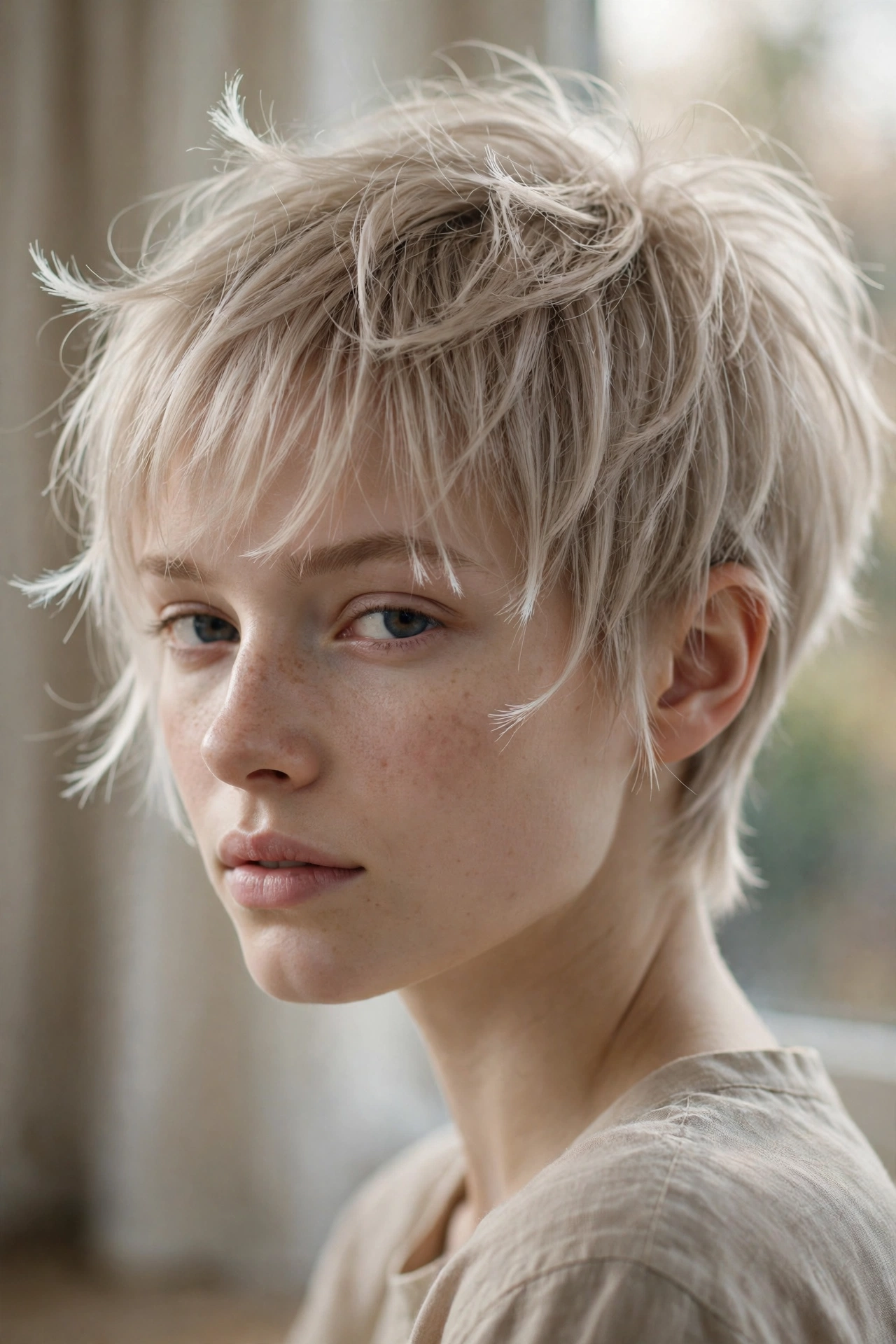 Razor-cut wispy pixie with feathered ends on fine straight hair