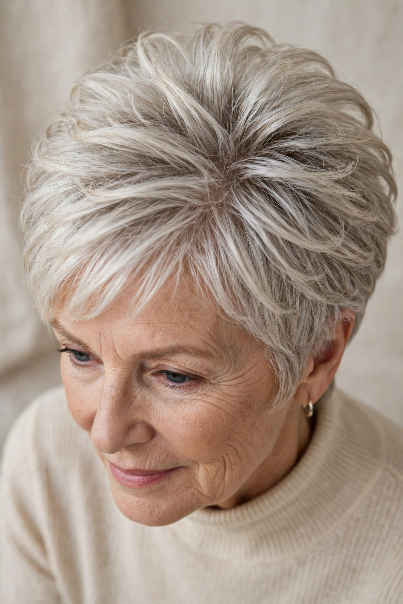 Volumising layered pixie on a woman over 60 with fine silver-blonde hair