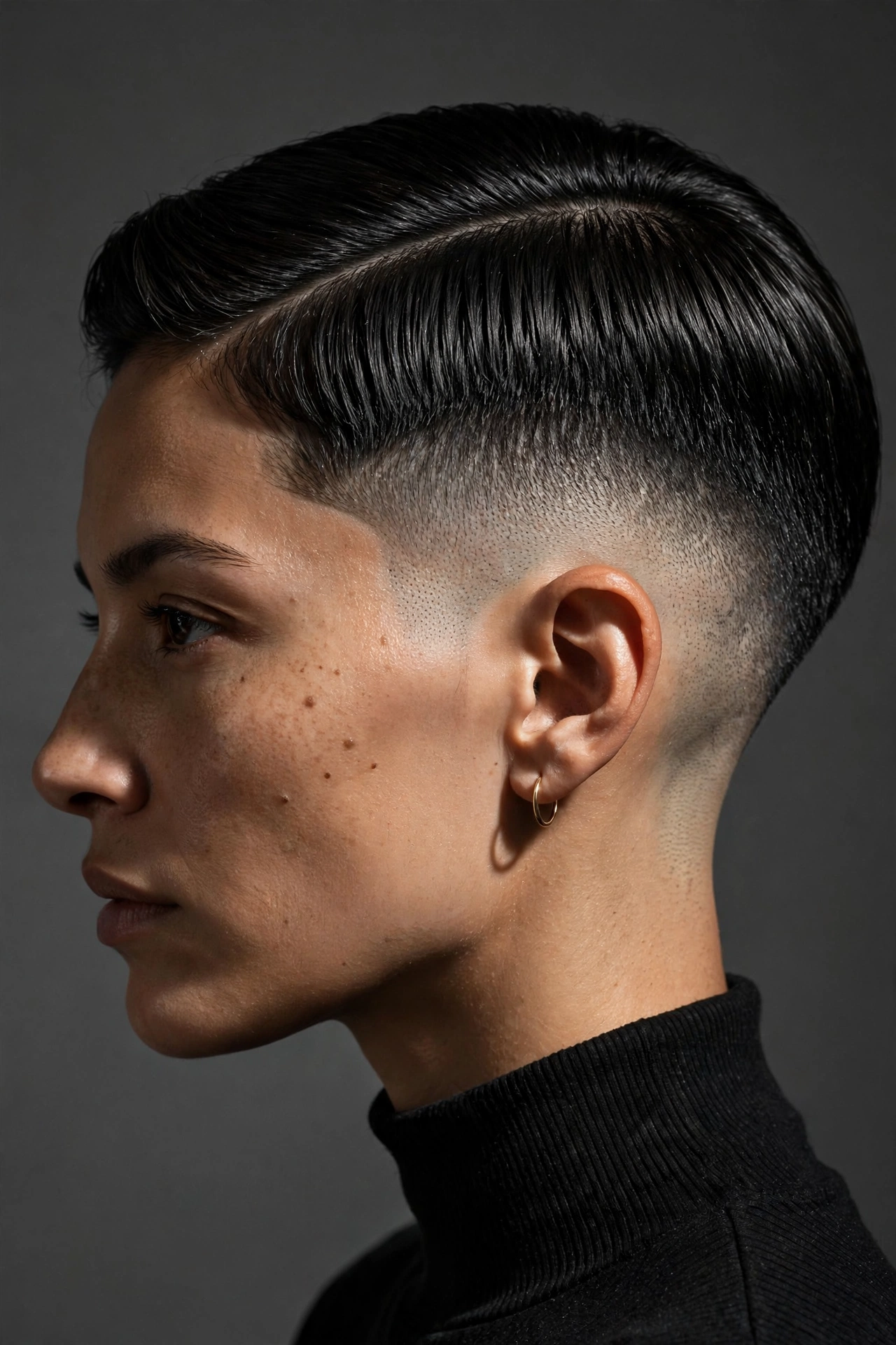 Skin fade temple pixie with crisp fade on jet black straight hair