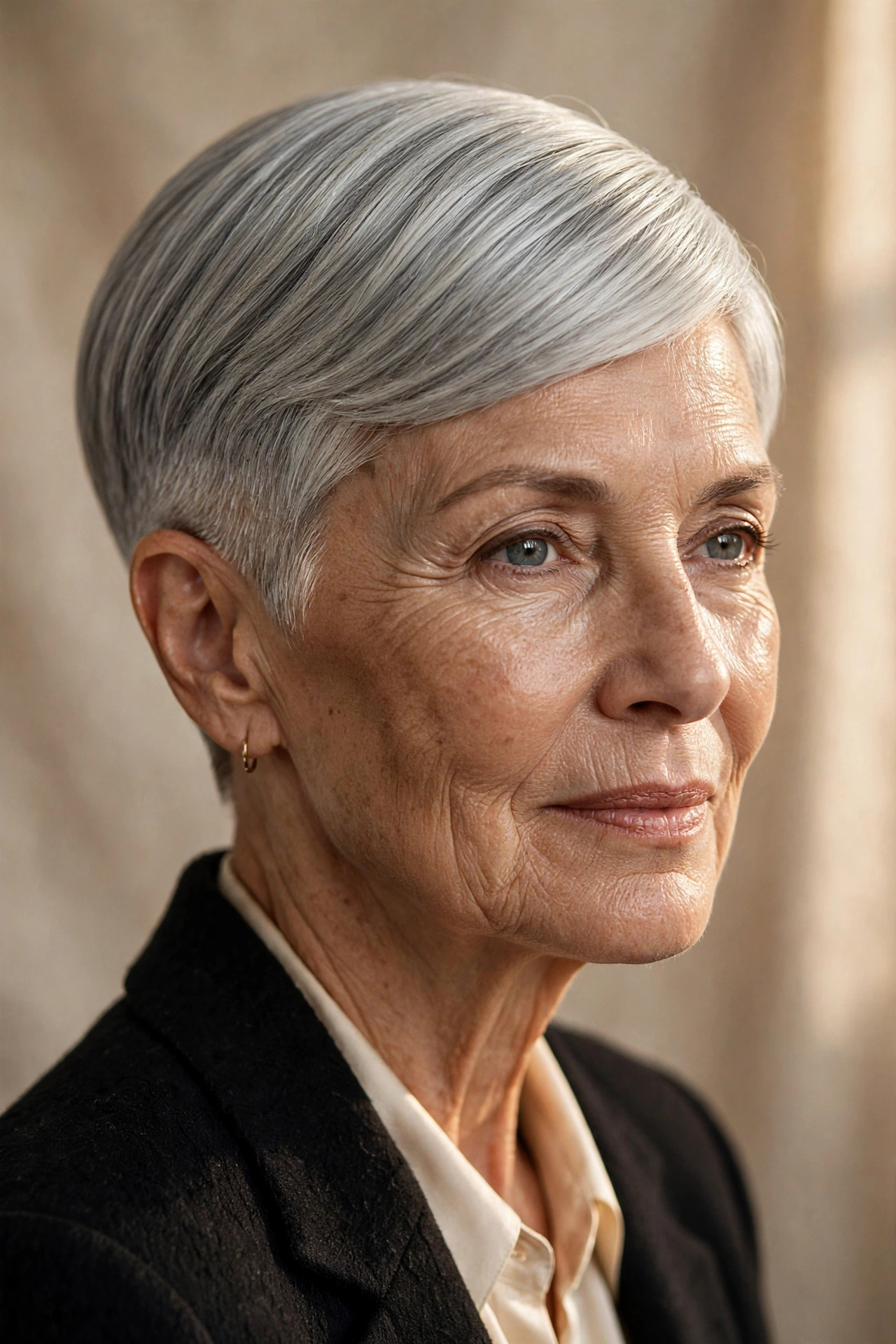 Classic sleek taper silver pixie on a woman over 60 with polished finish