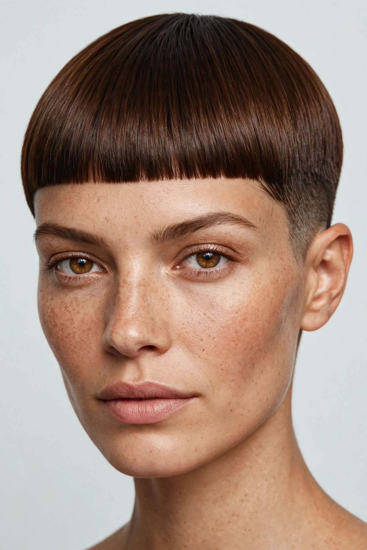 Pixie cut with blunt straight-across fringe on brunette straight hair