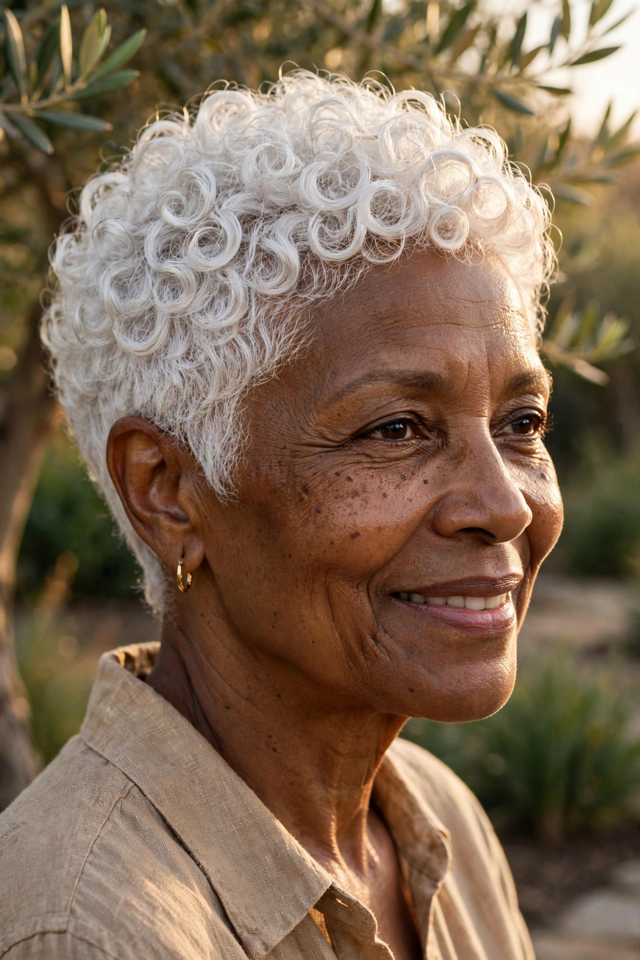Curly white pixie crop on a woman over 60 with defined natural curls