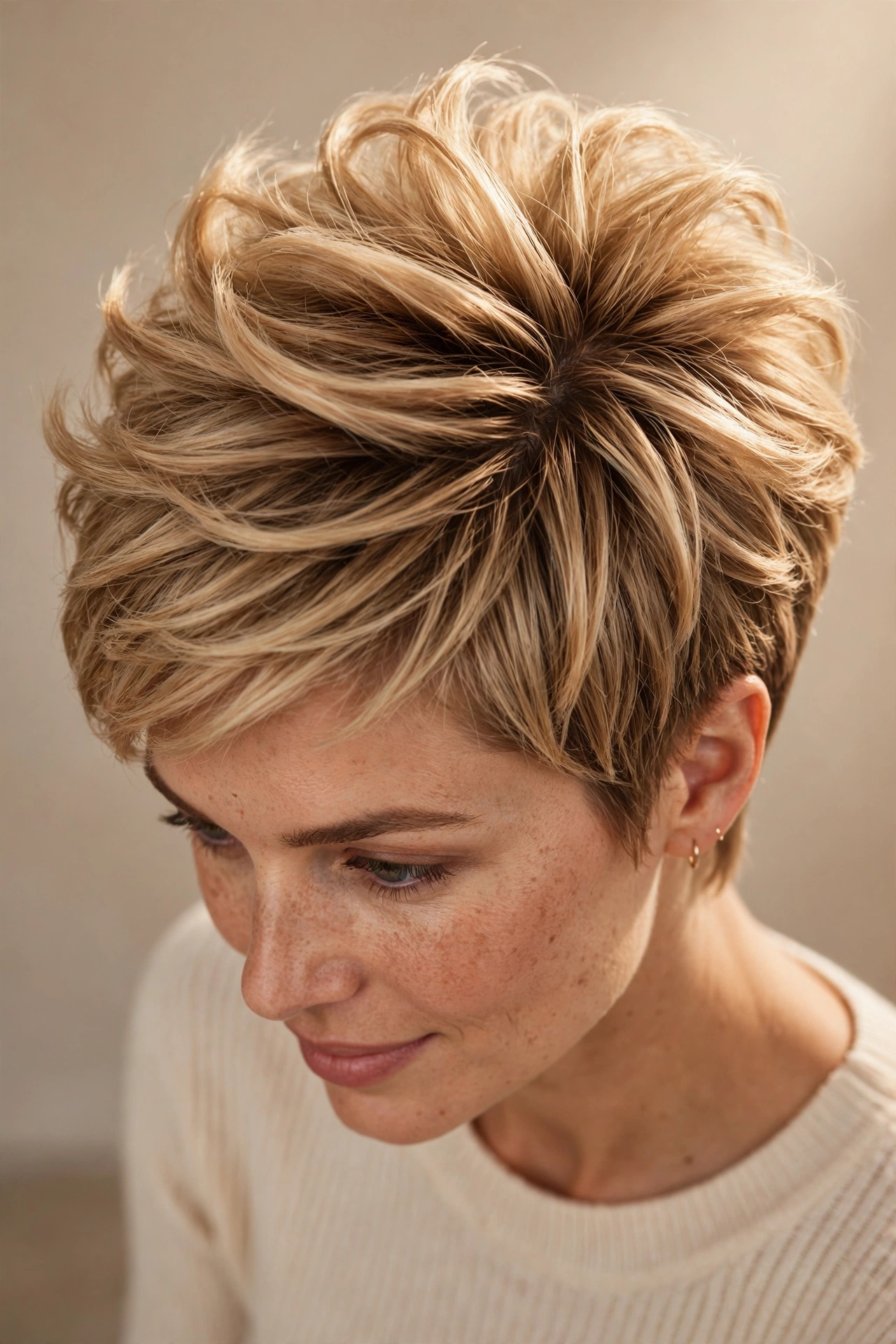 Layered volumised pixie with lifted crown on honey blonde straight hair