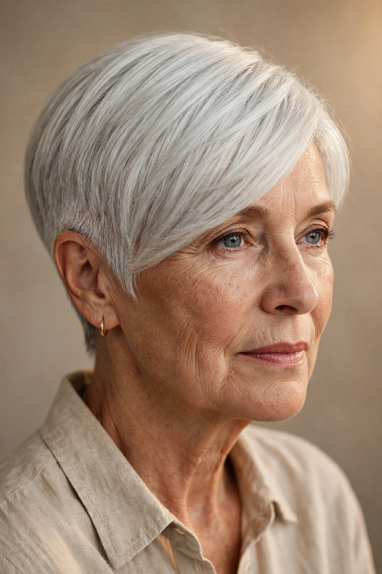 Side-swept silver pixie on a woman over 60 with asymmetric sweep