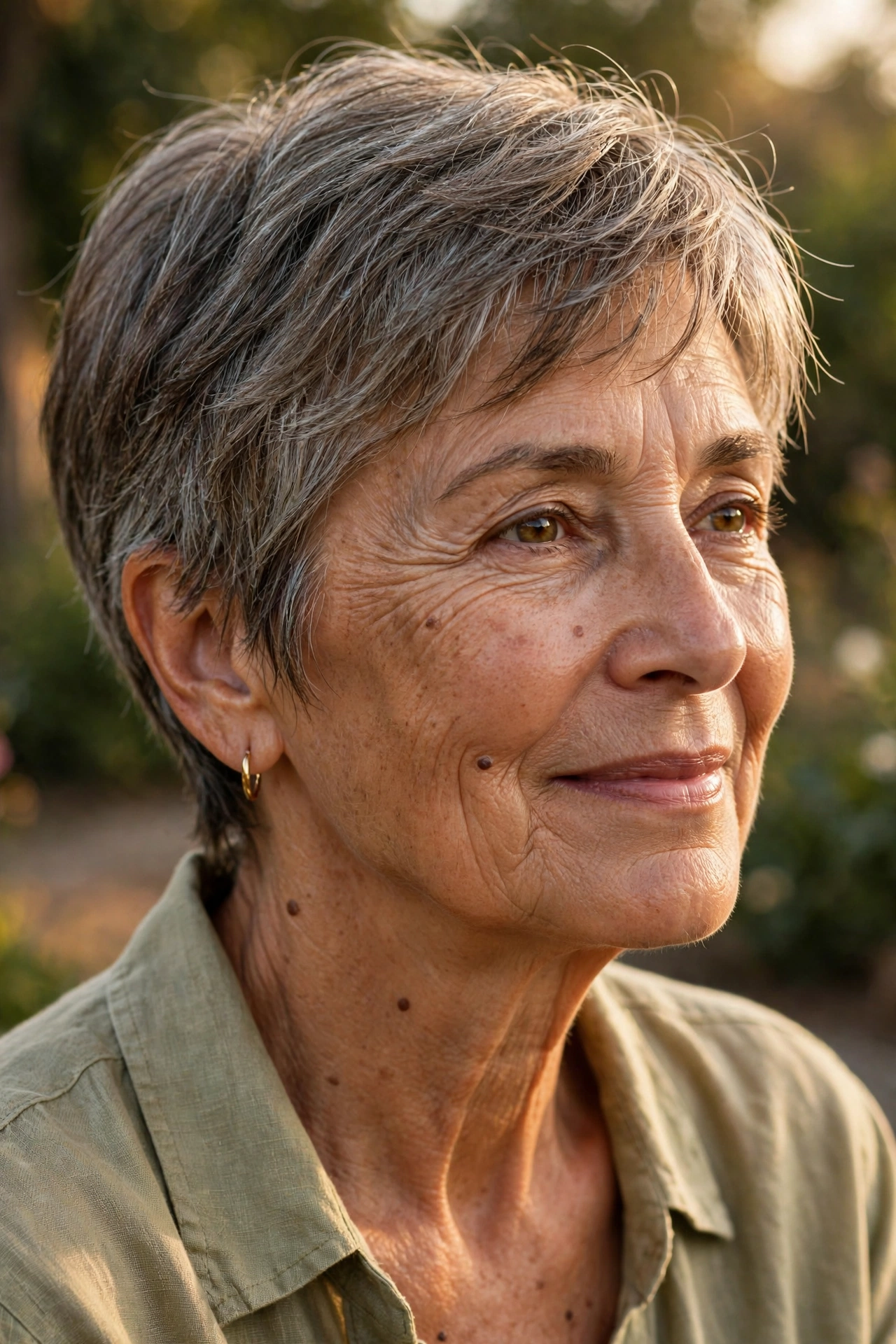 Natural part low-maintenance salt-and-pepper pixie on a woman over 60