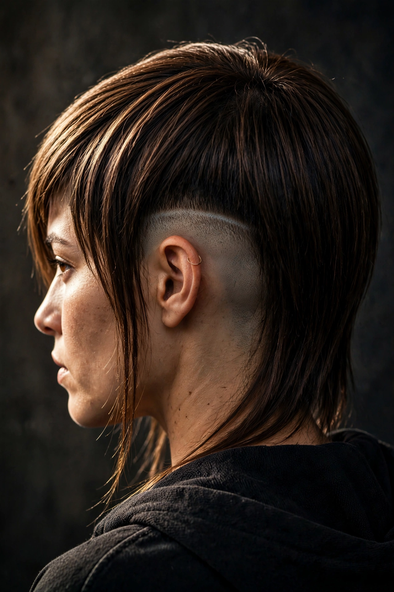 Undercut pixie with buzzed under-section and long grown-out top