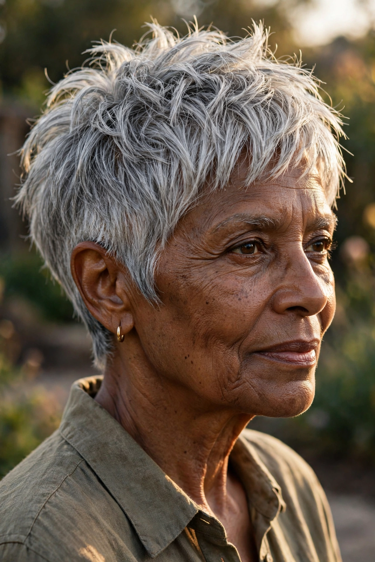 Choppy textured silver pixie on a woman over 60 with point-cut ends