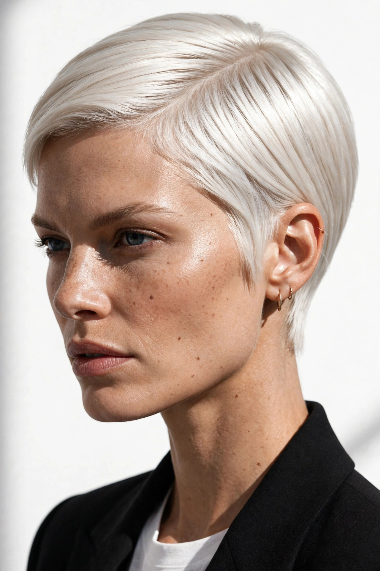 Platinum blonde sleek pixie with soft side part