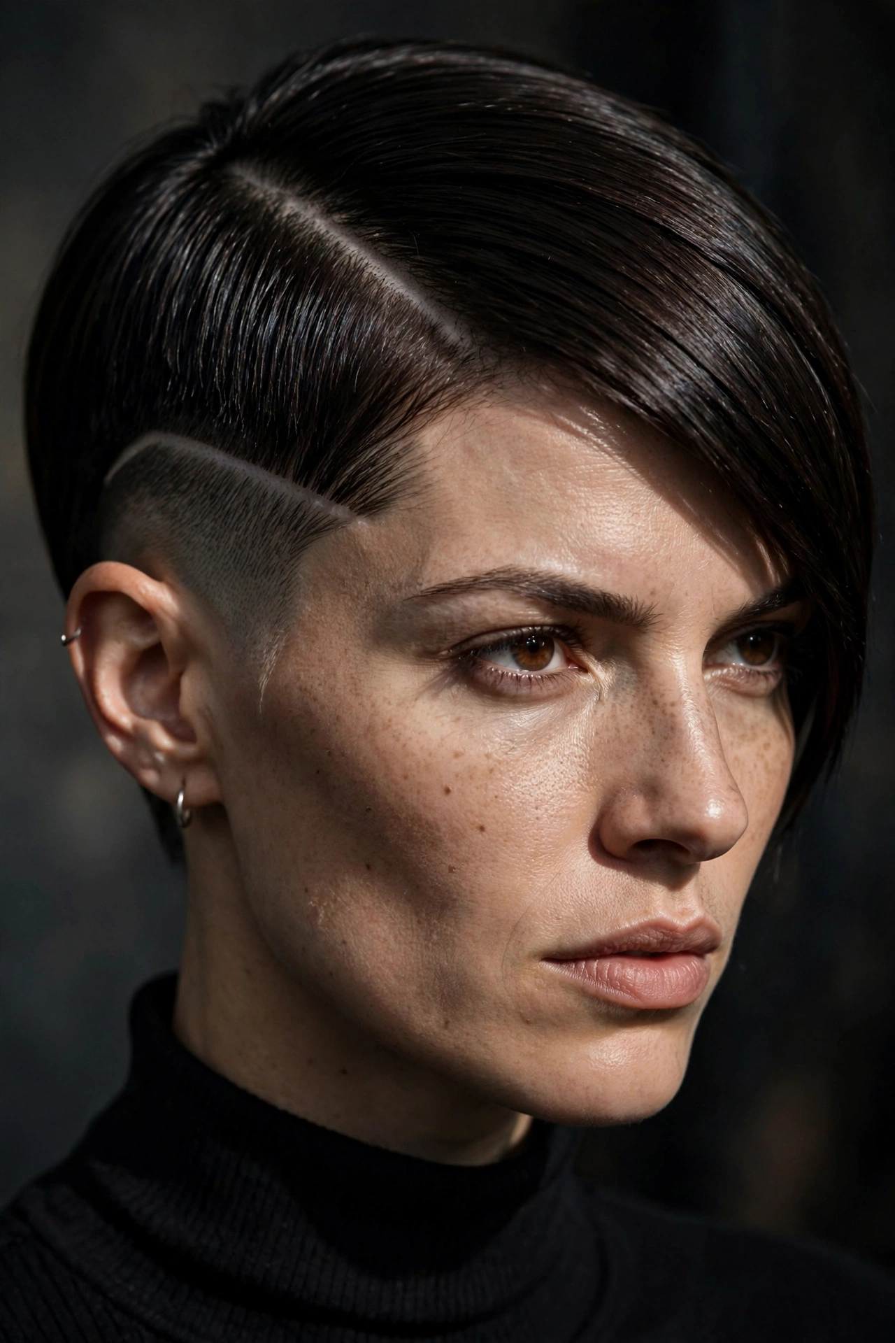 Pixie cut with shaved hard side part and clean comb-over