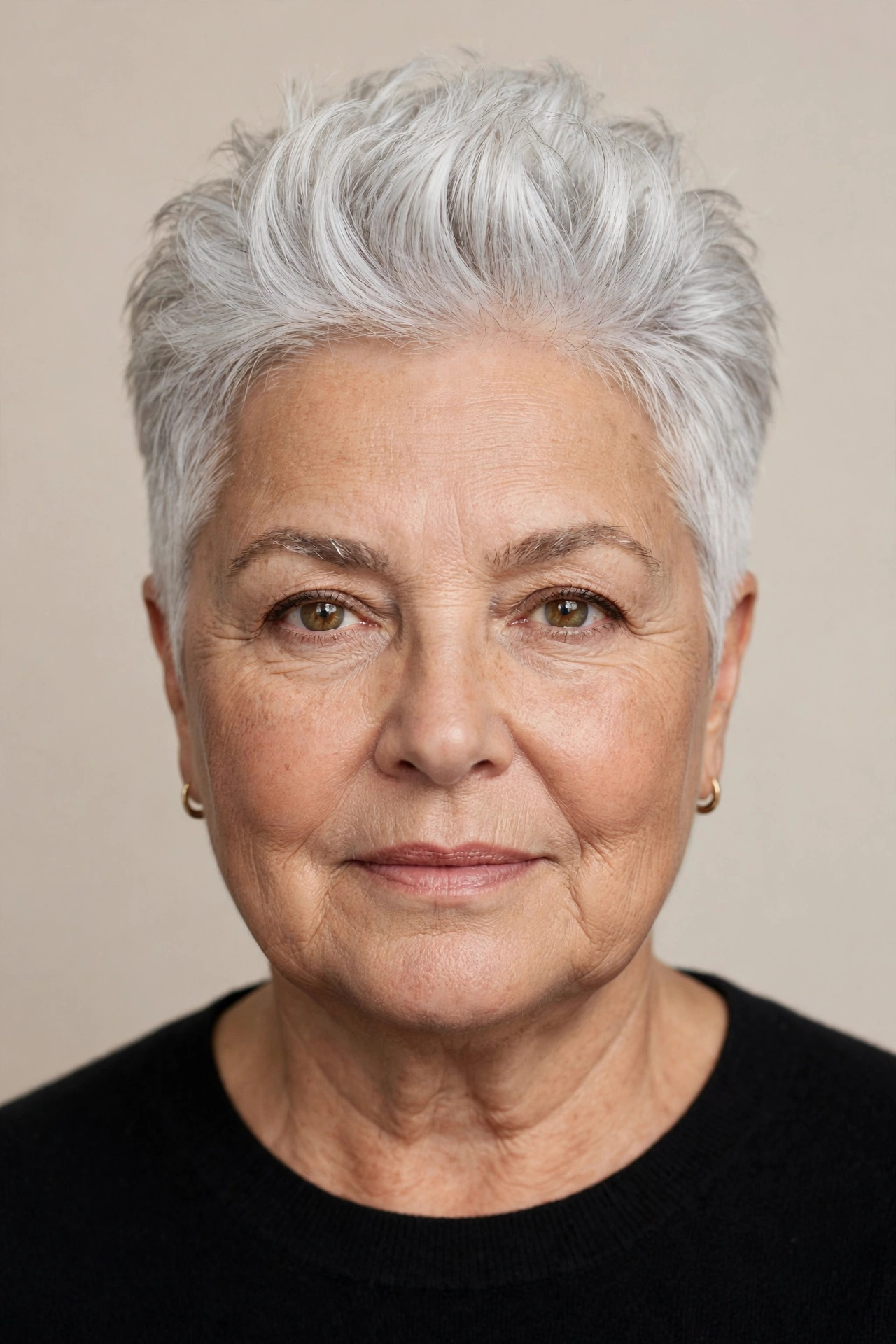 Crown-height silver pixie on a woman over 60 with a round face shape