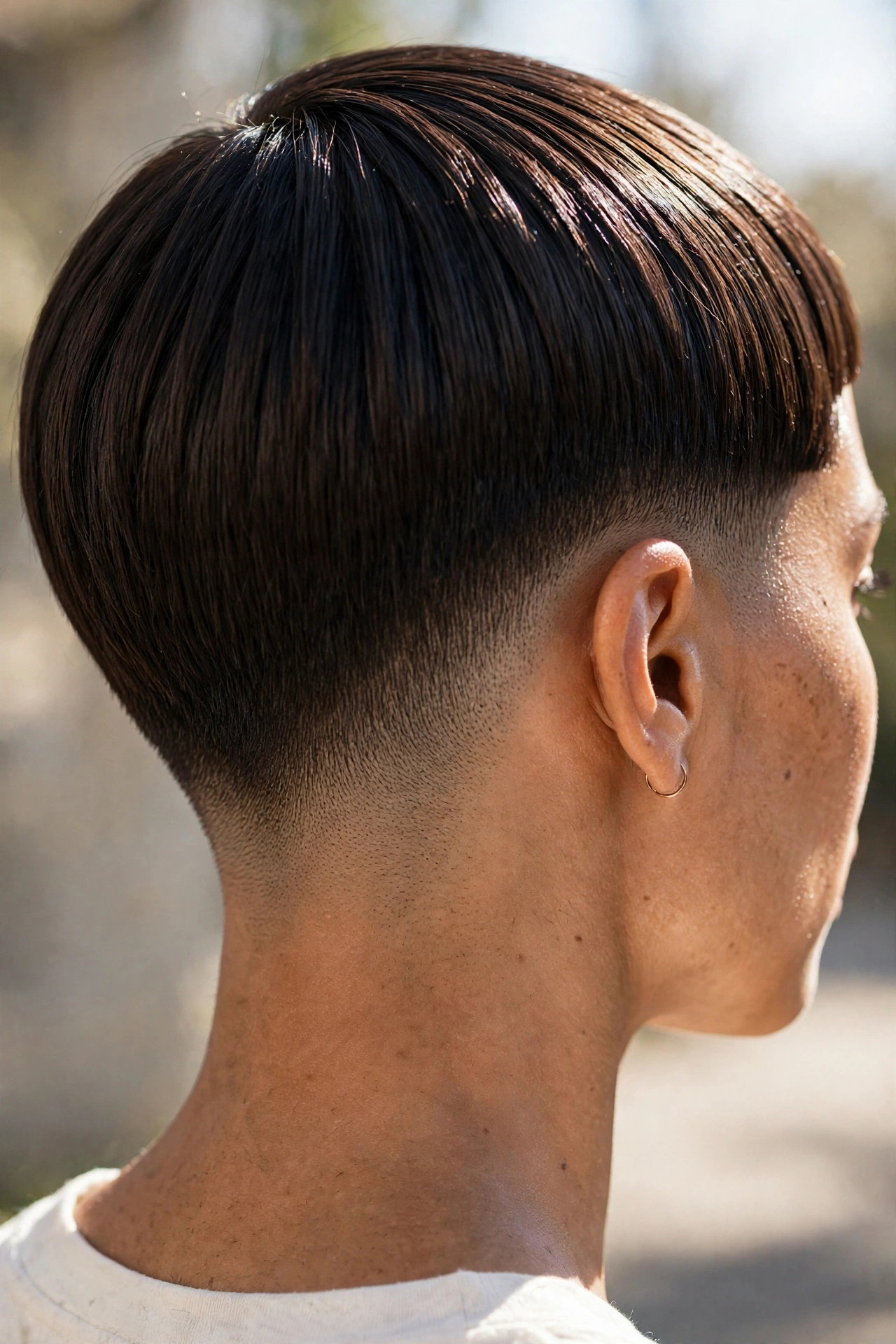 Pixie cut with tapered nape and liner-defined hairline, back view