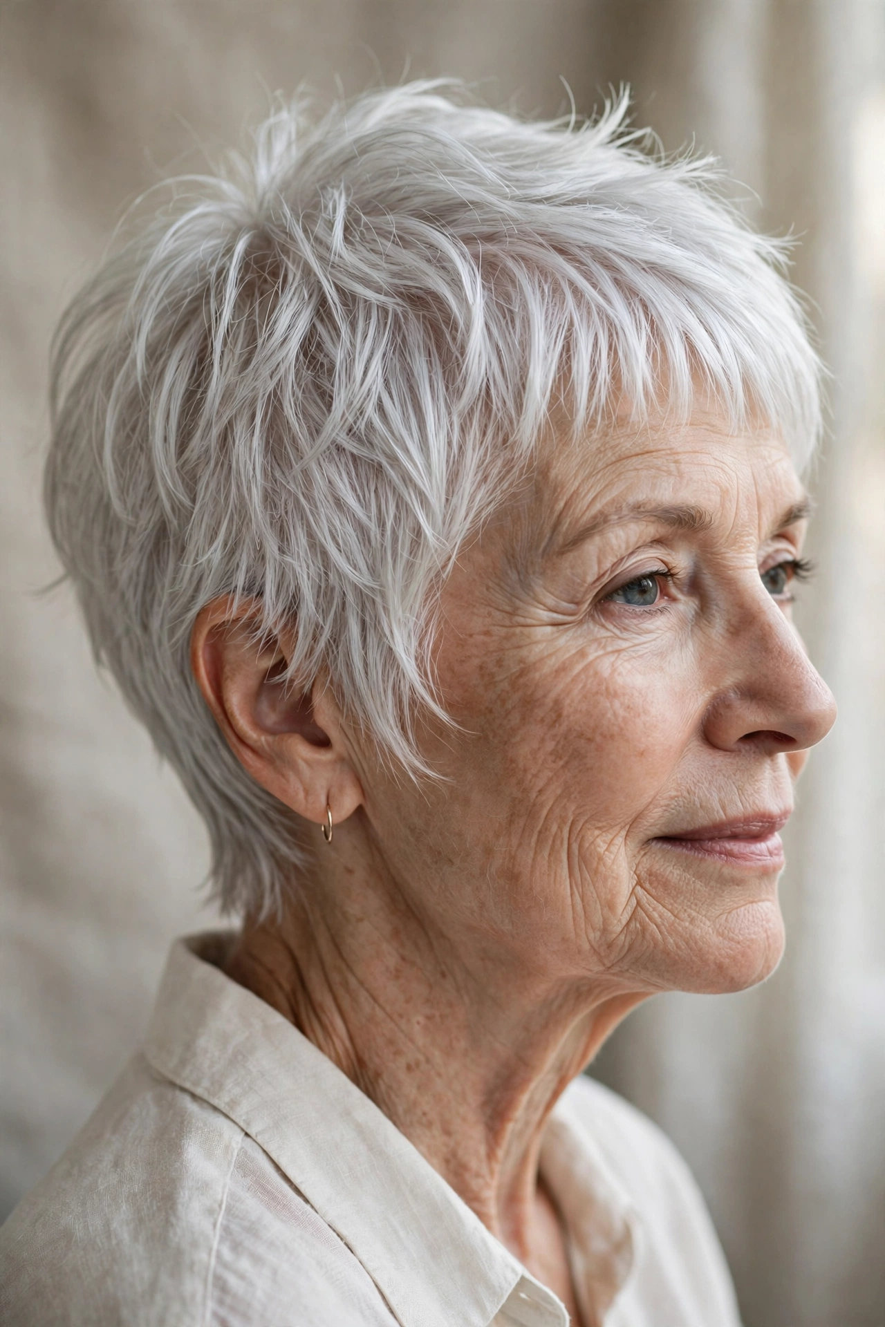 Razor-soft pixie on a woman over 60 with fine thinning silver hair