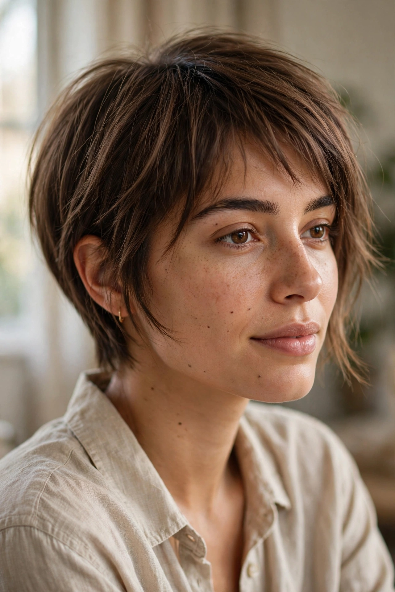 Grown-out soft pixie at in-between length with natural fall
