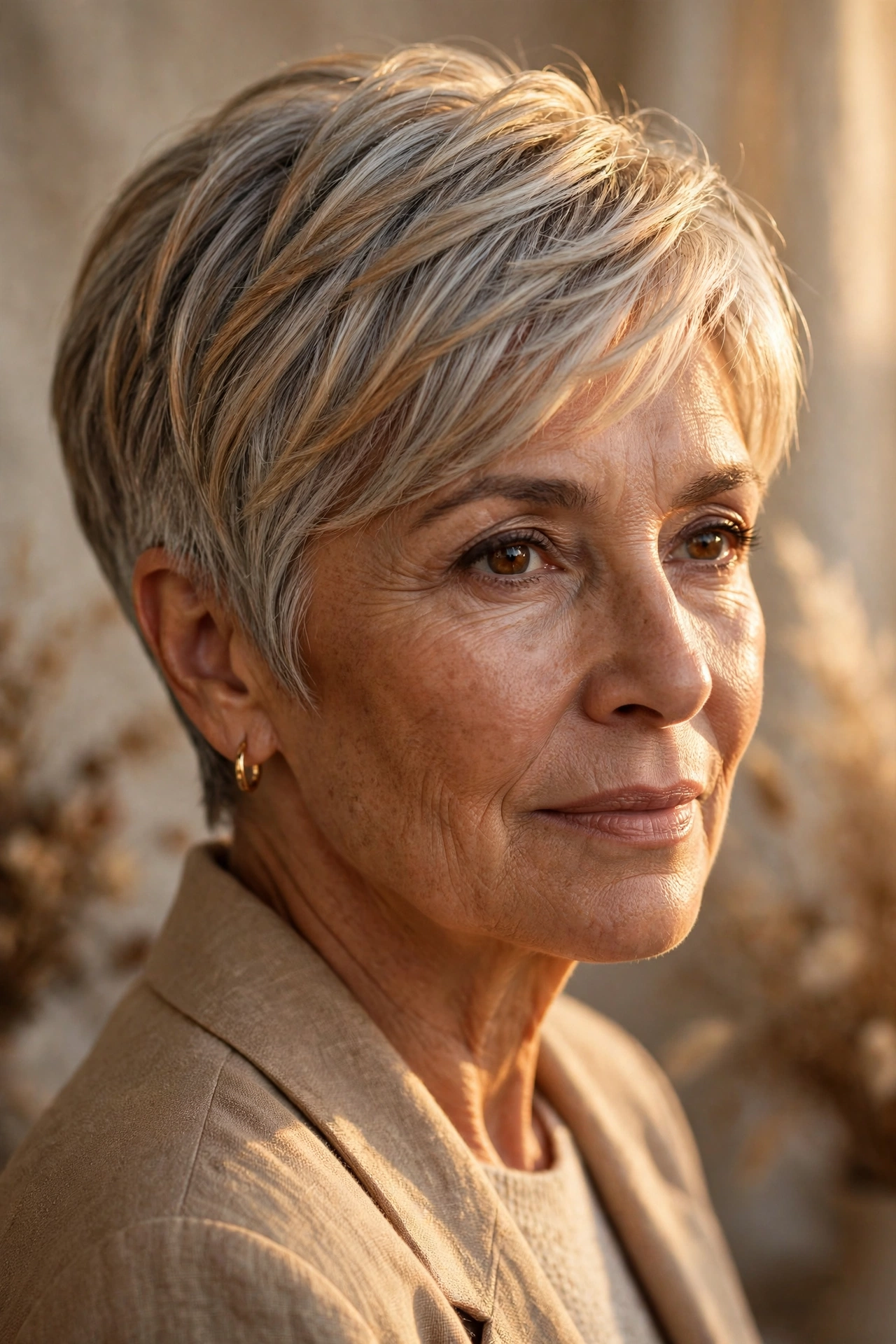 Silver pixie with warm champagne balayage highlights on a woman over 60