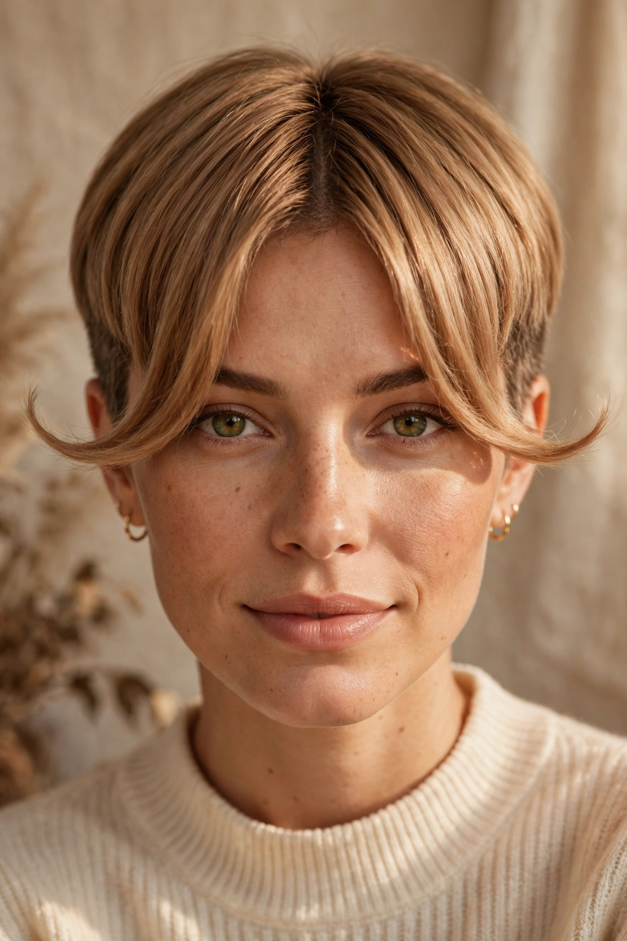 Pixie cut with centre-parted curtain fringe on caramel blonde hair