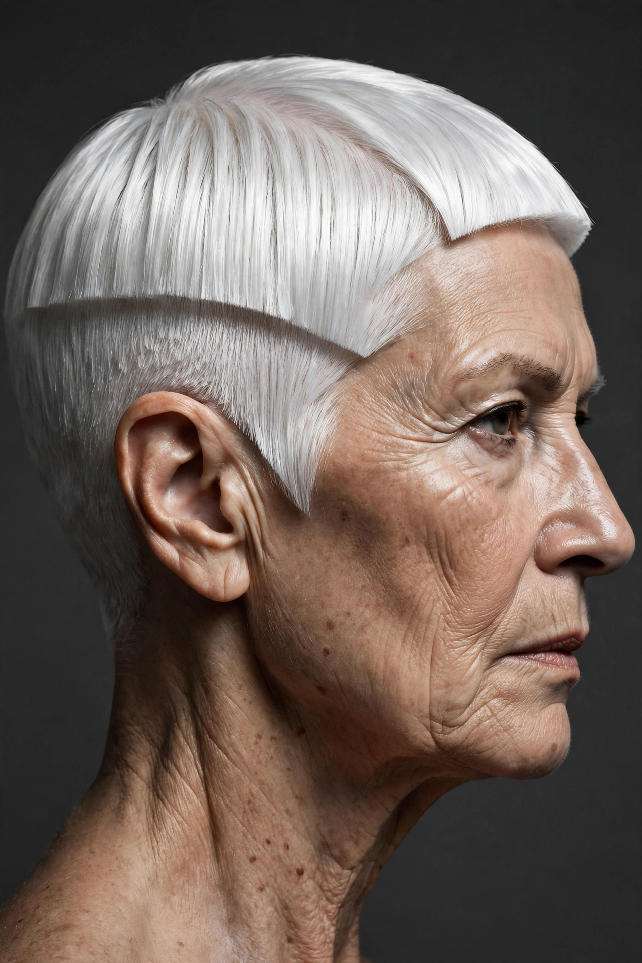 Clean architectural white geometric pixie on a woman over 60