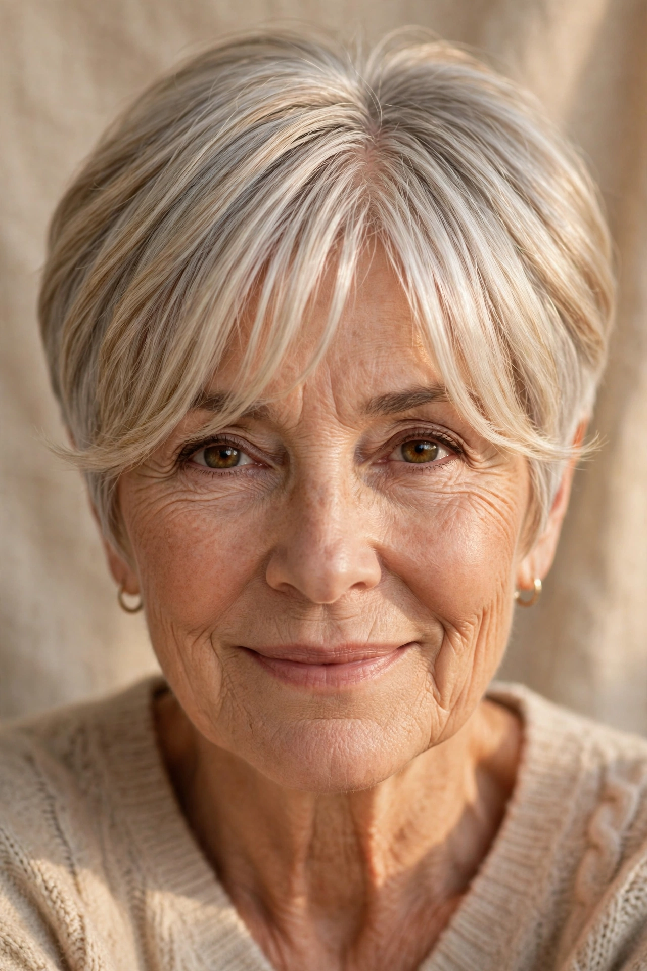 Silver-blonde pixie with curtain fringe on a woman over 60