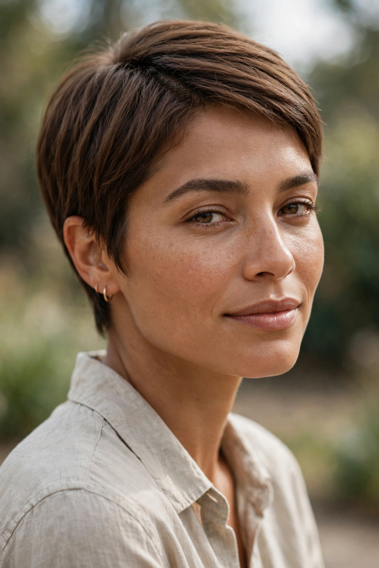 Low-maintenance natural part pixie with soft all-over shape