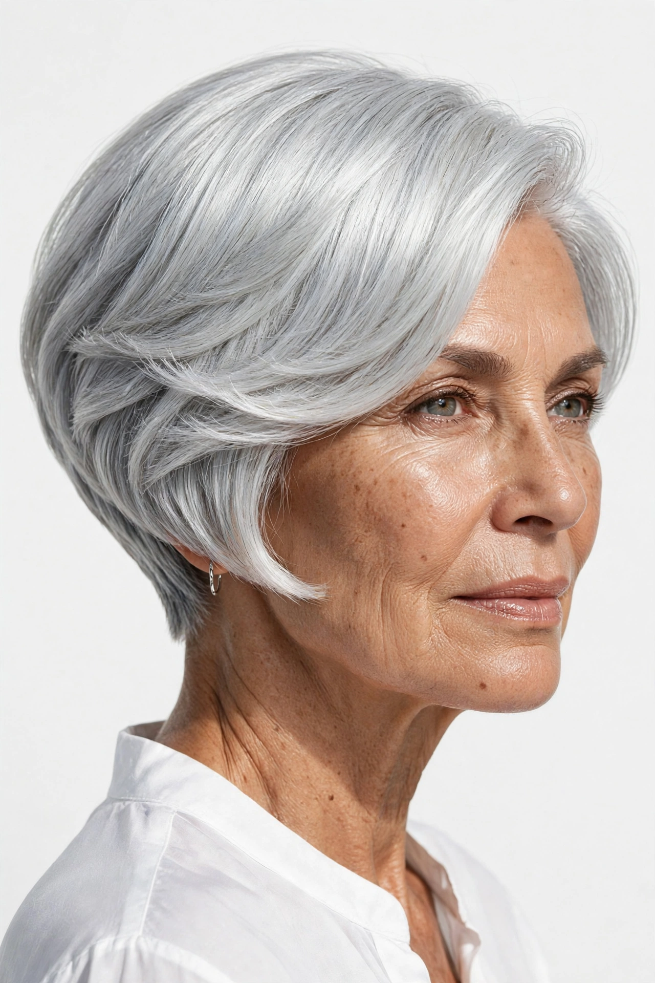 Glossy silver bob-pixie hybrid with stacked graduation on a woman over 60