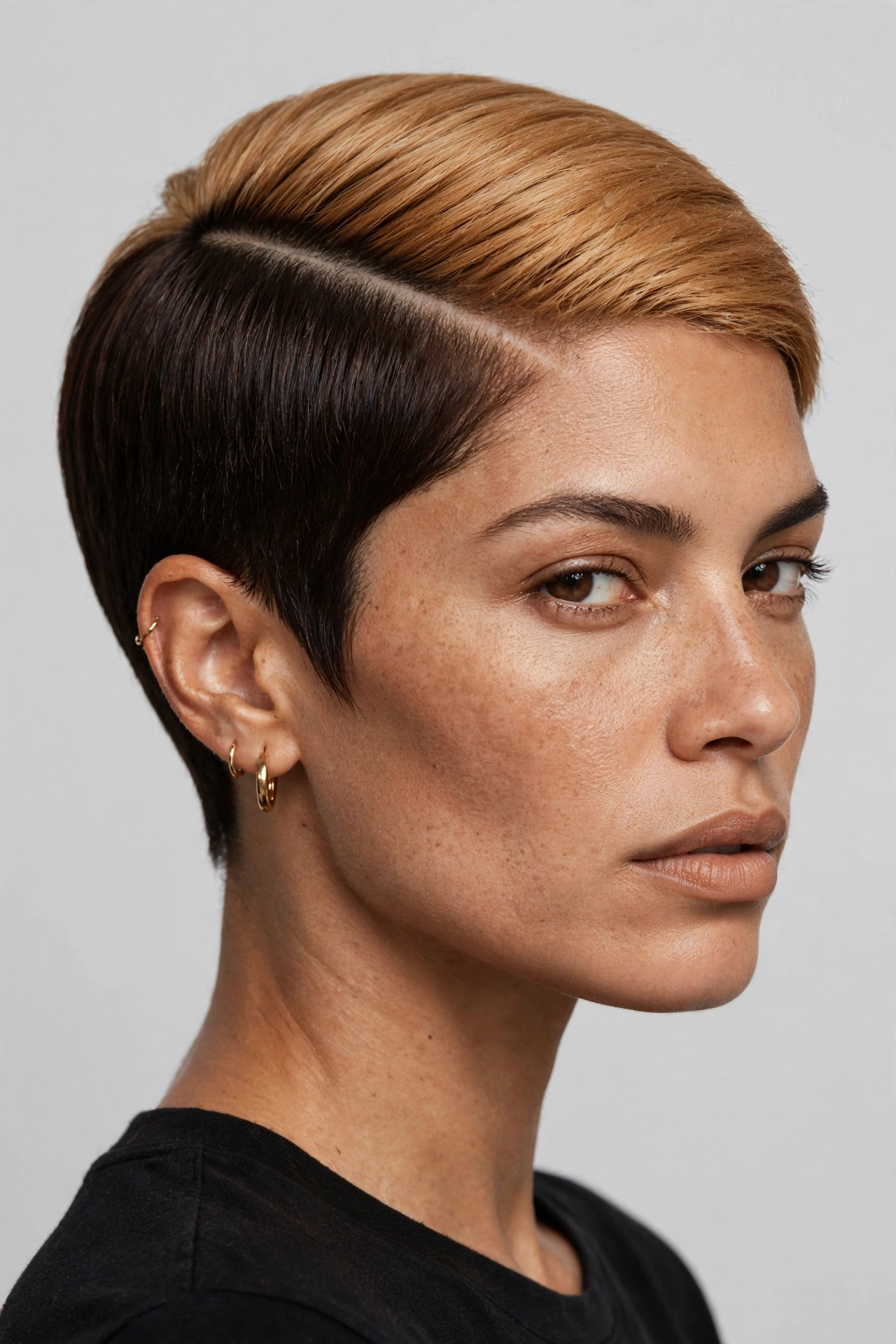 Pixie cut with colour-blocked caramel crown and dark sides
