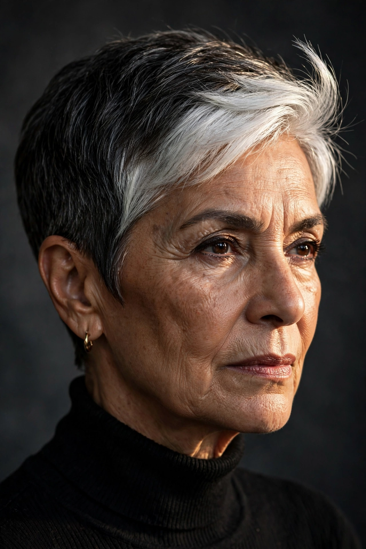 Silver streak pixie on a woman over 60 with dark charcoal base
