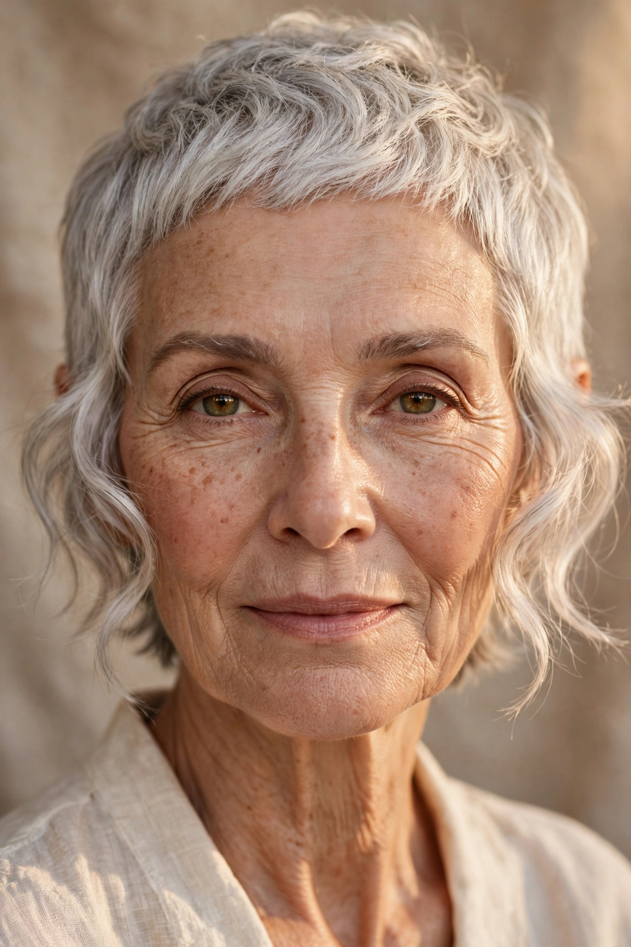 Face-framing wavy silver pixie on a woman over 60 with a heart face shape