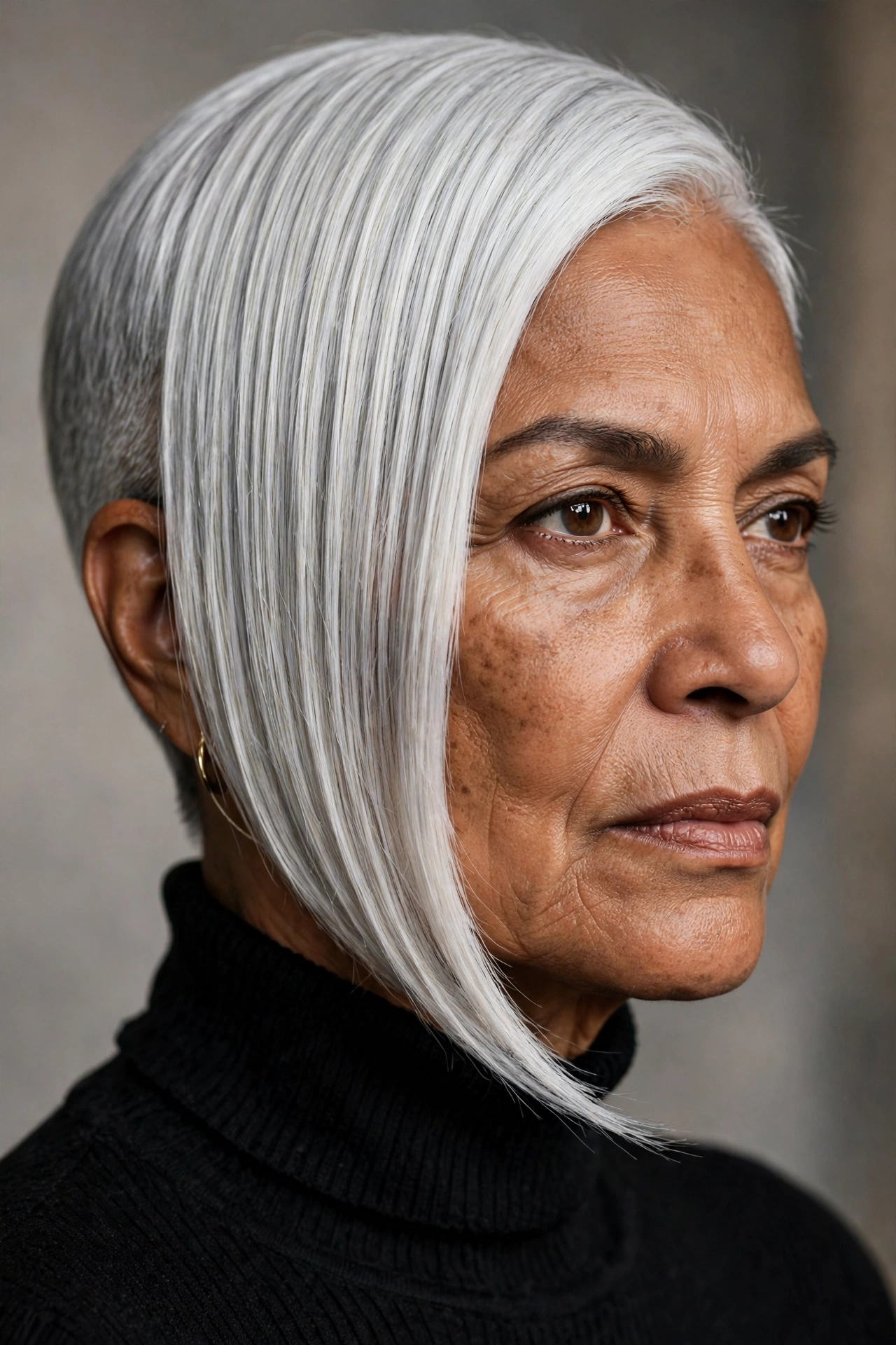 Asymmetric silver pixie on a woman over 60 with one long cheek-length side