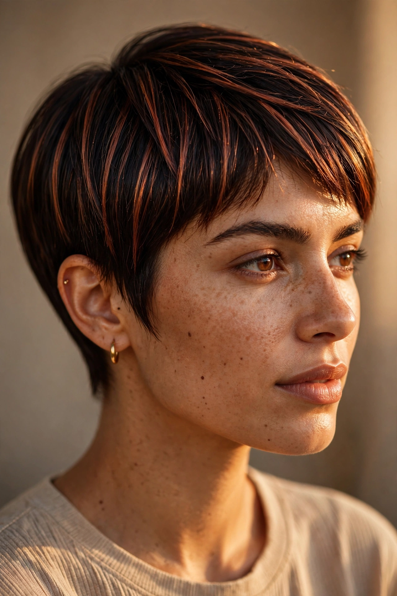 Pixie cut with warm auburn highlights on dark brown straight hair