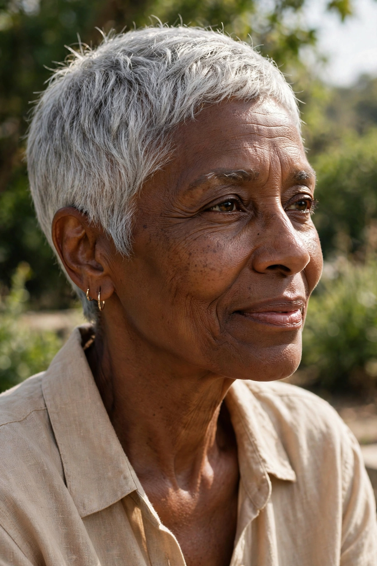 Wash-and-go silver pixie crop on a woman over 60, naturally air-dried