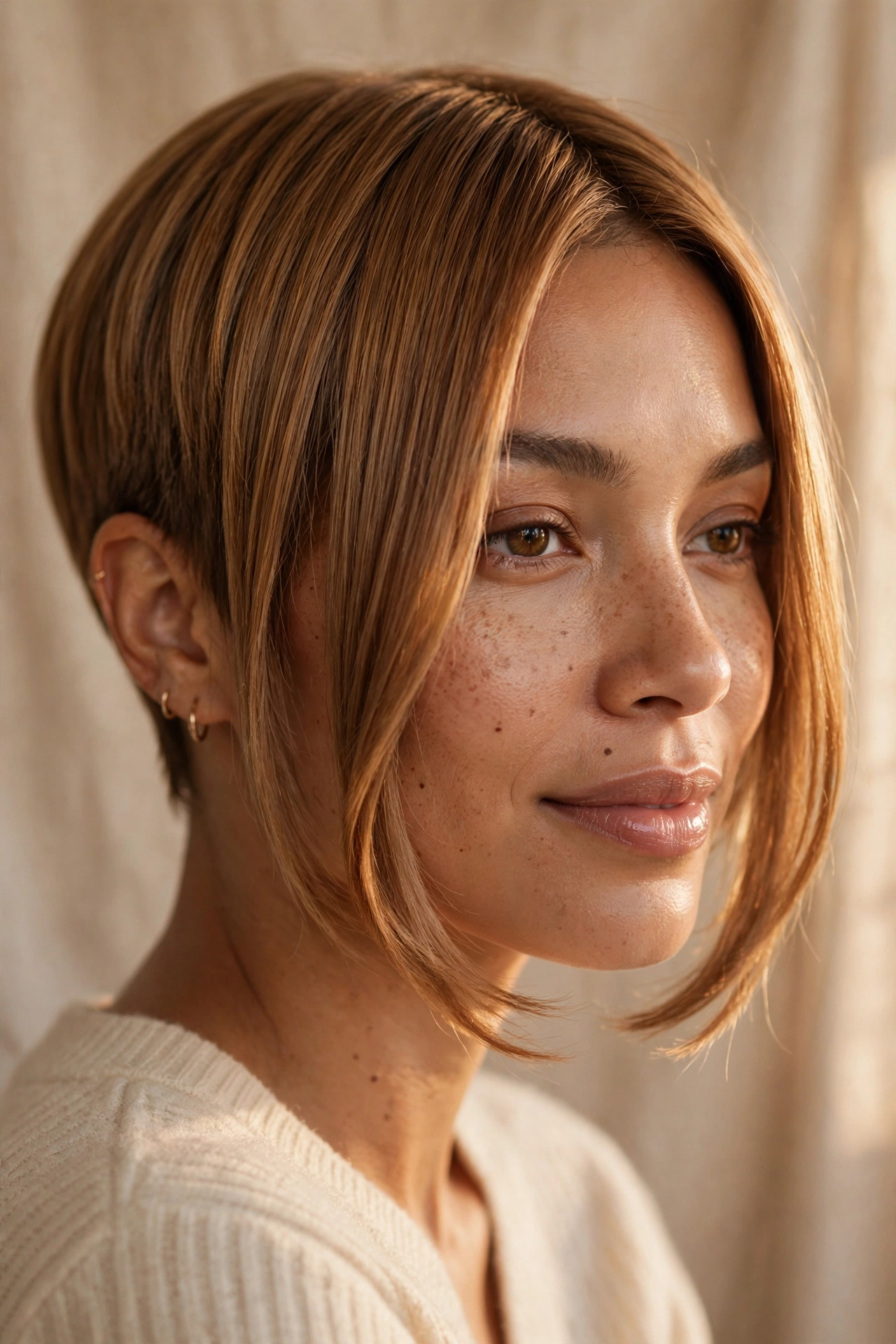Pixie cut with long face-framing pieces falling forward