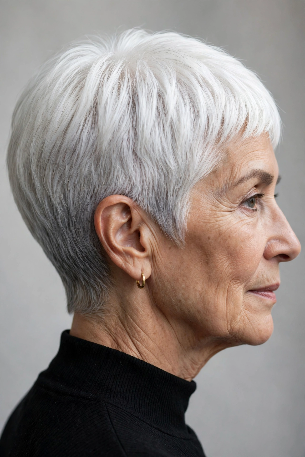 Tonal white-to-silver ombre pixie on a woman over 60