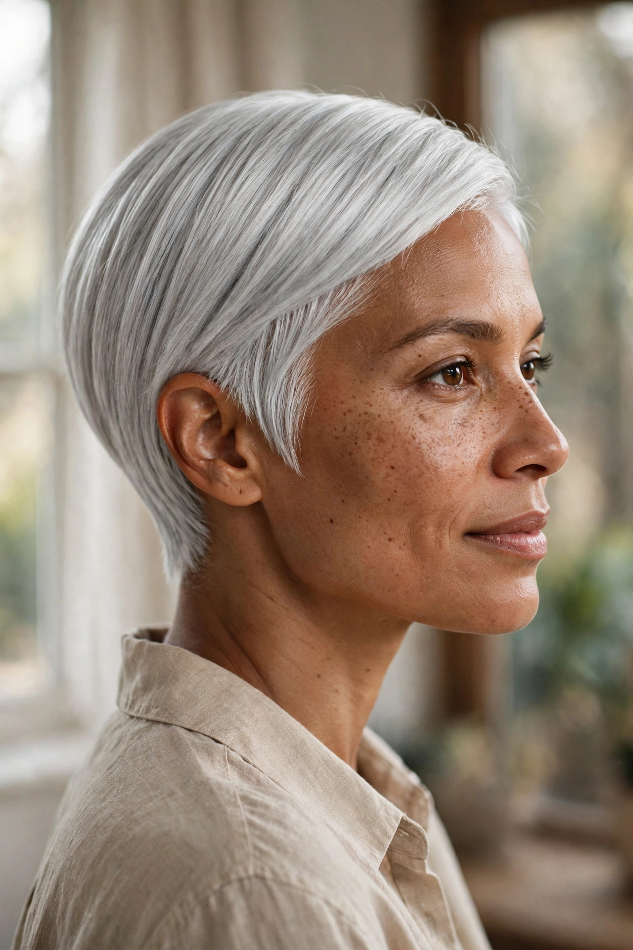 Natural silver straight pixie with sleek smooth finish
