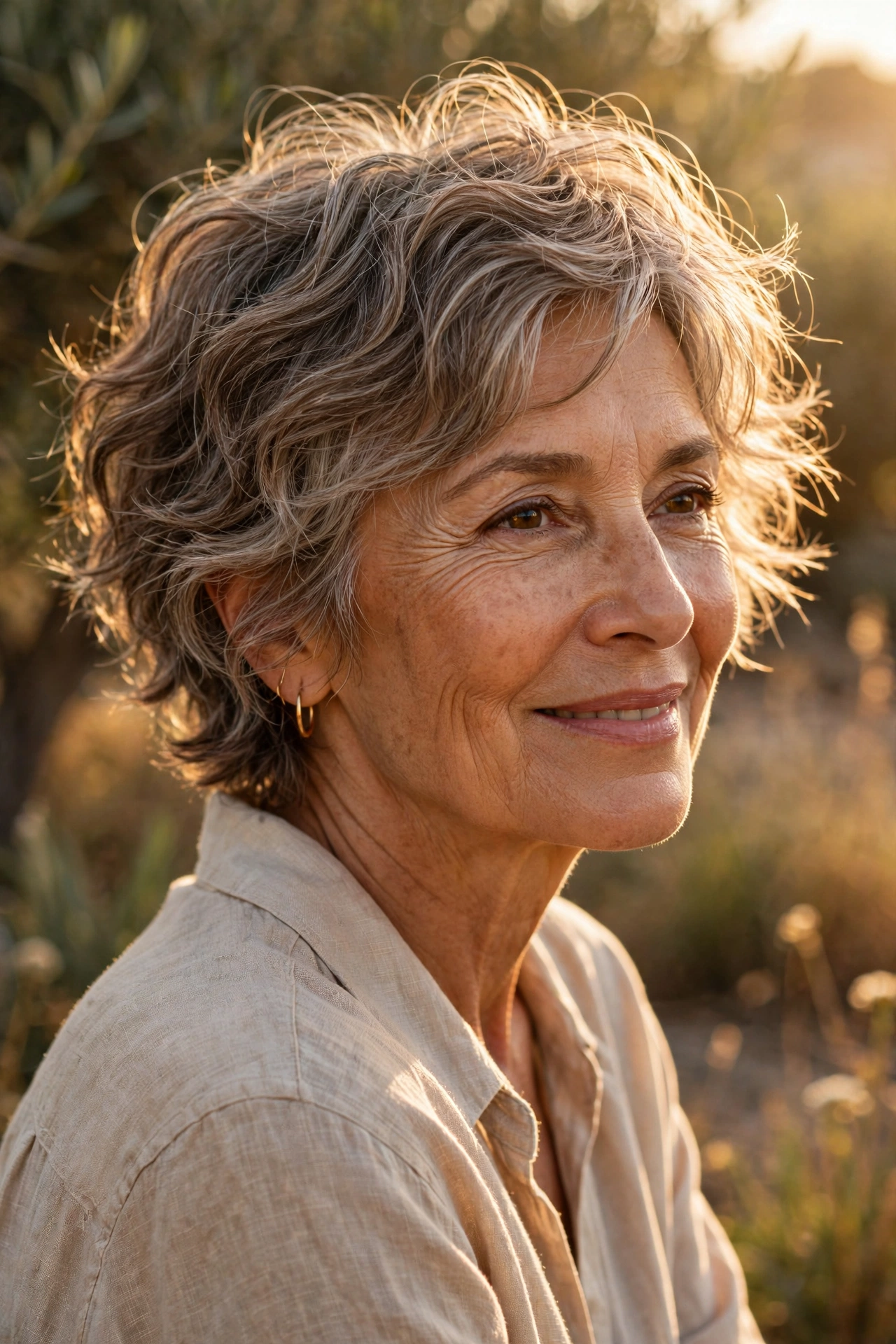 Soft boho wavy silver-brown pixie on a woman over 60 with razor-cut ends