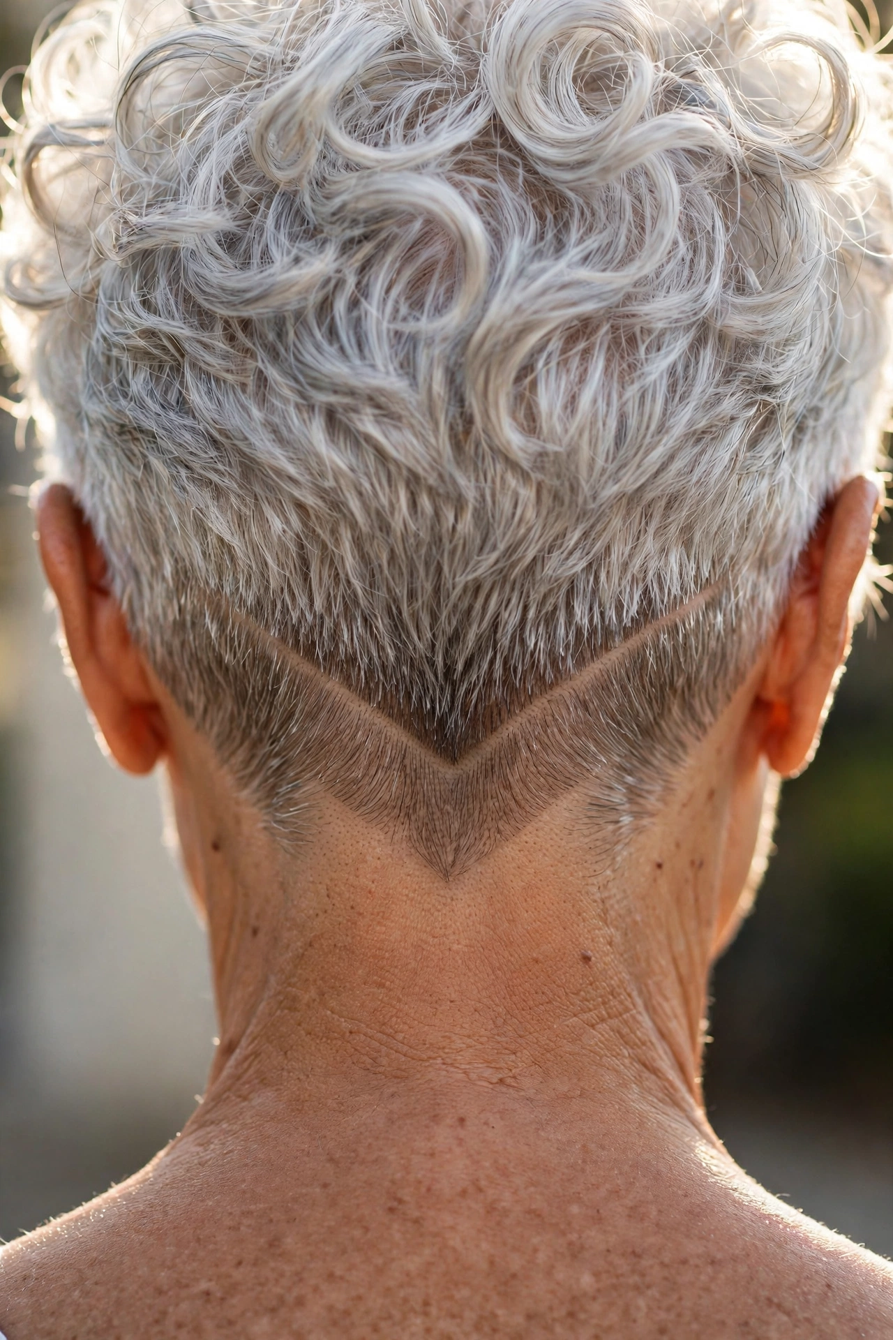 Silver pixie with razor-defined V-shape nape on a woman over 60