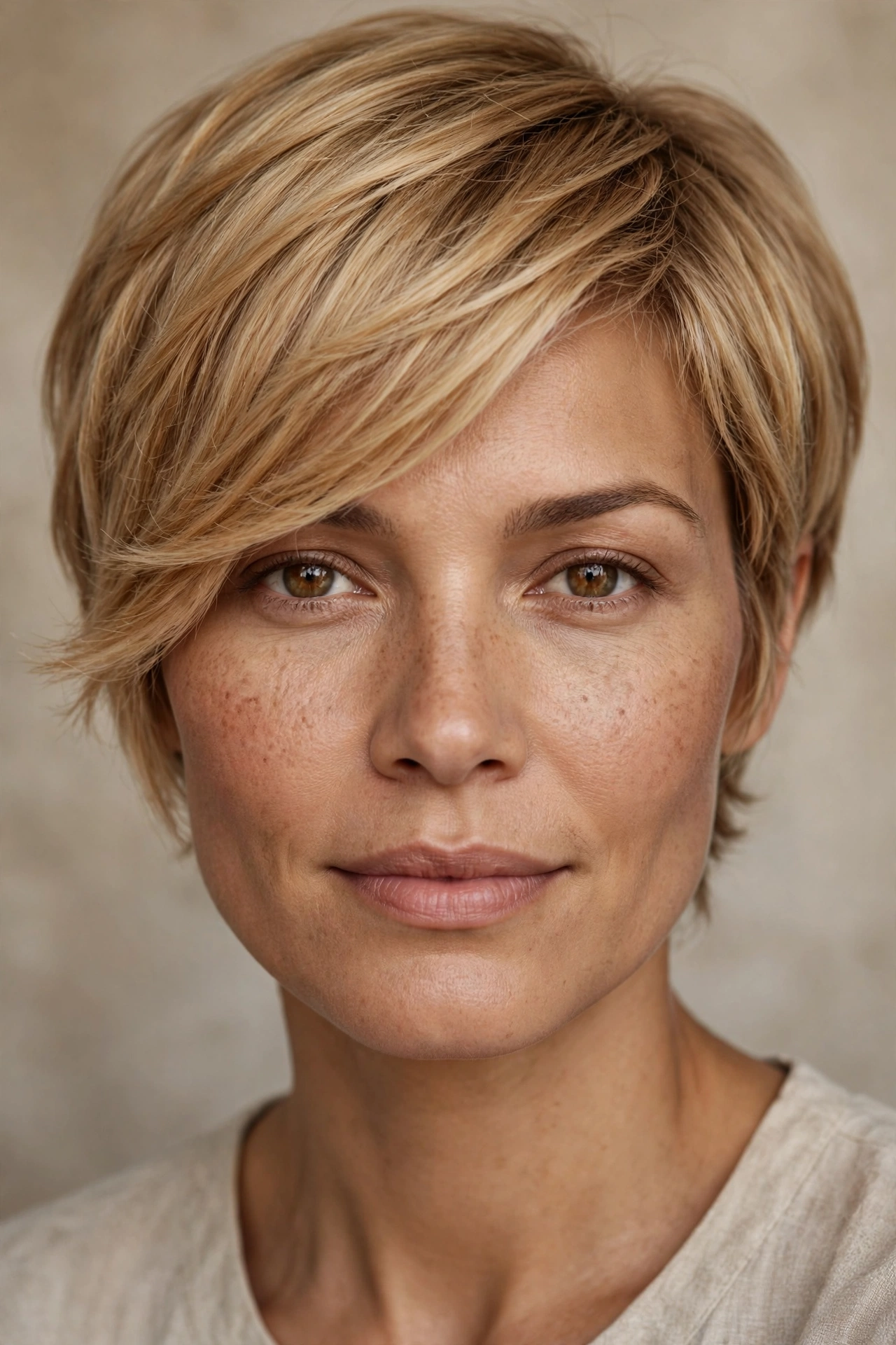 Pixie cut for square face shapes with soft side sweep
