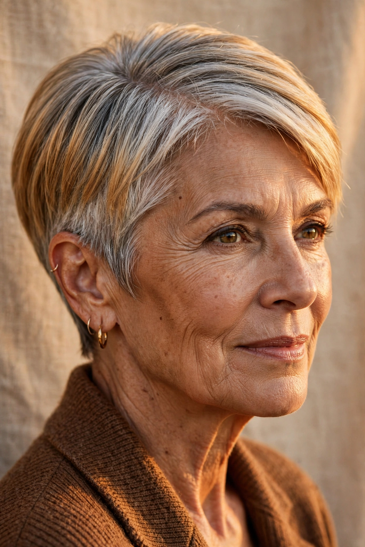 Coloured pixie with natural silver roots on a woman over 60