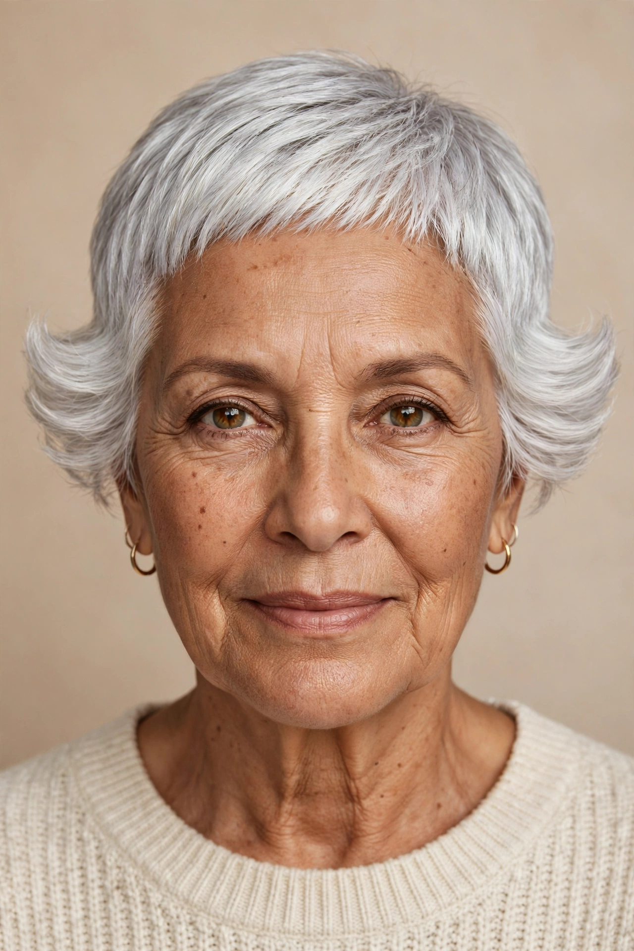 Side-volume silver pixie on a woman over 60 with an oblong face shape