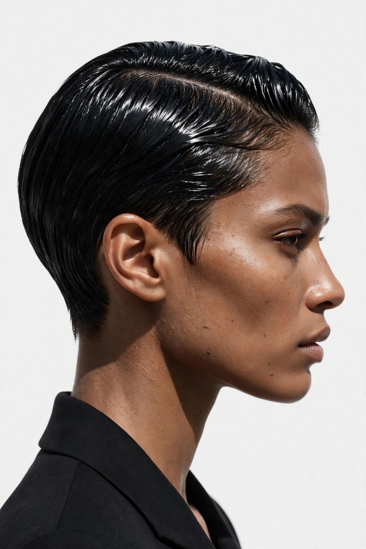 Pixie cut with slicked-back crown and wet-look shine