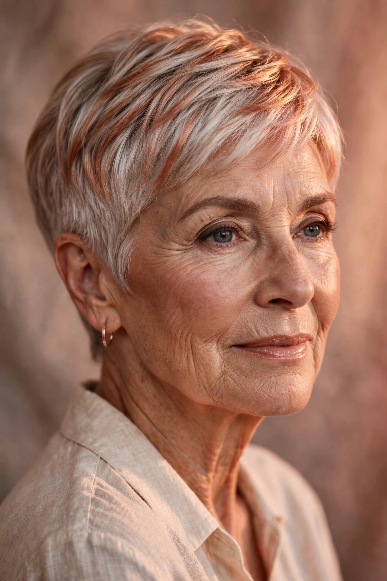 Rose gold tinted silver pixie on a woman over 60