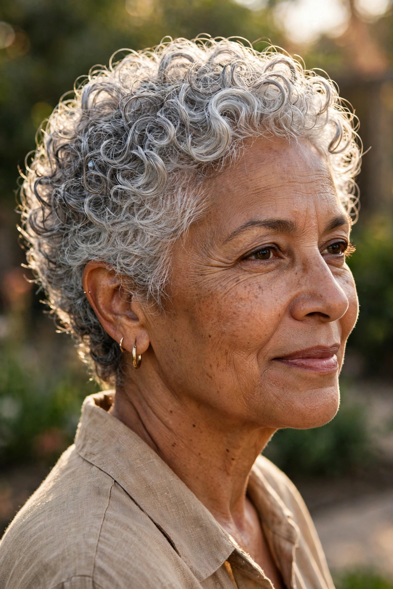 Low-maintenance grey curl crop pixie on a woman over 60