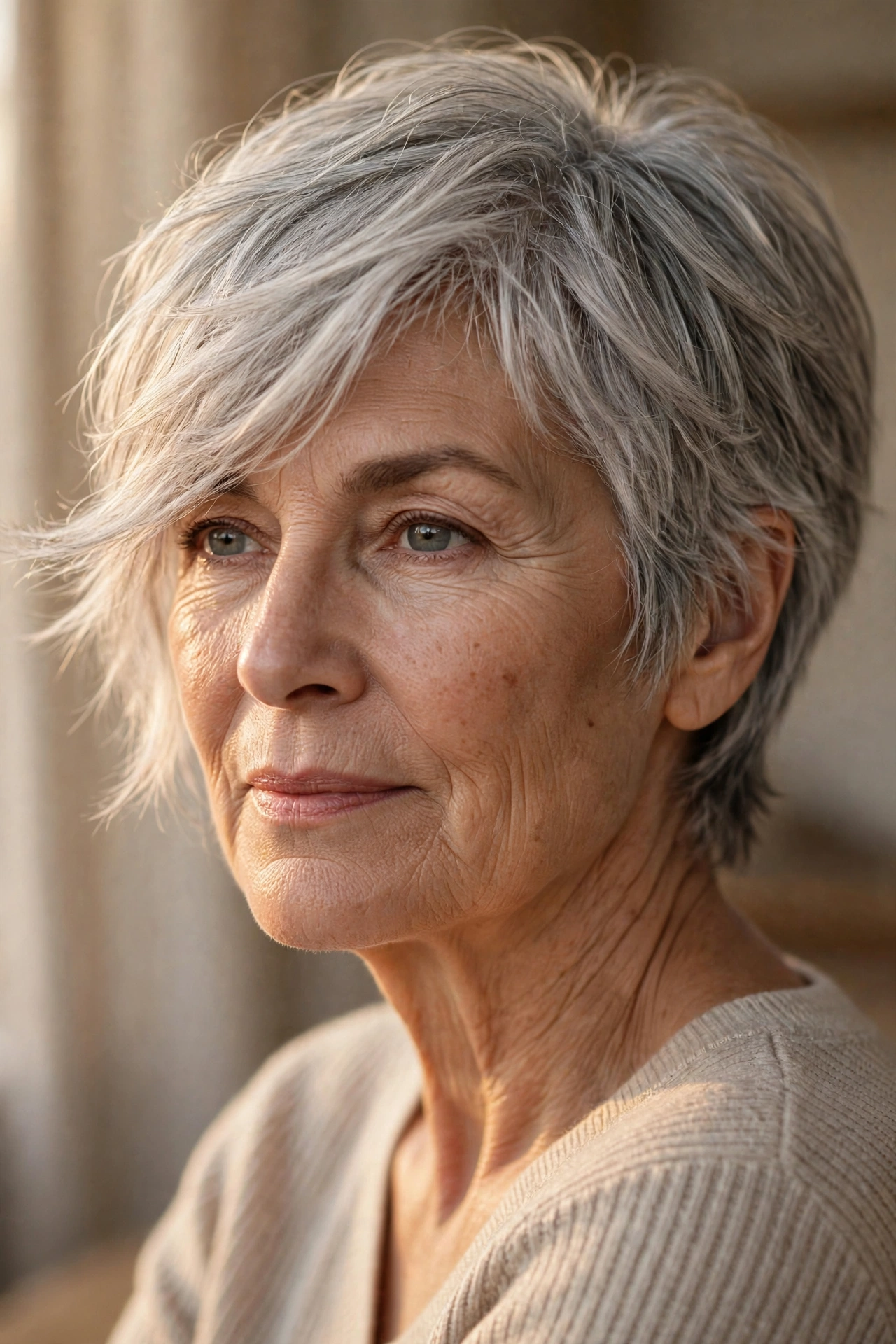 Choppy asymmetric silver pixie on a woman over 60 with a square face shape