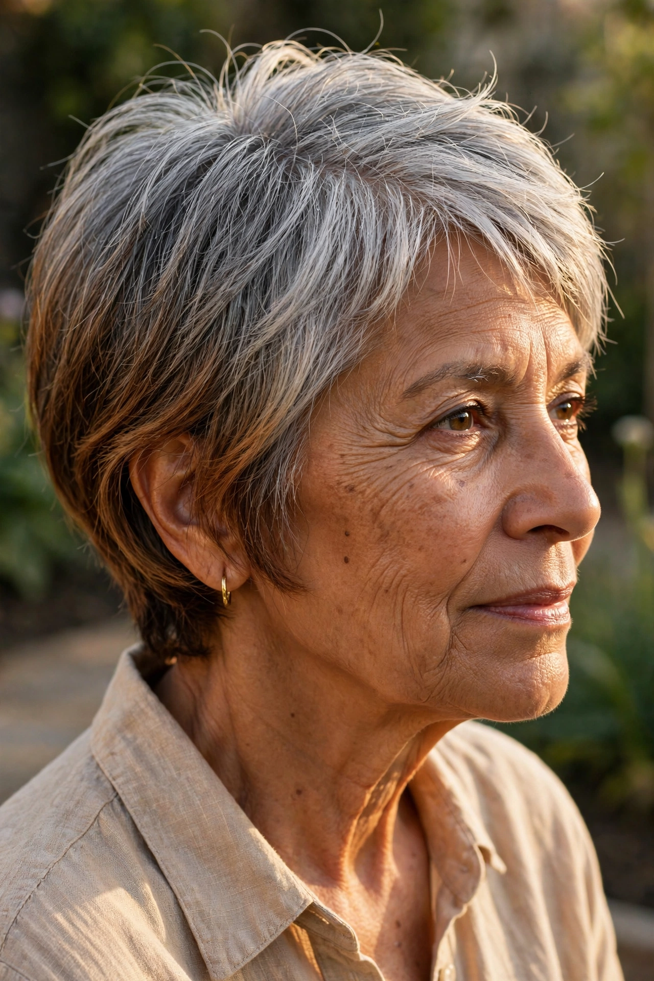 Natural grey grow-out pixie on a woman over 60 with silver roots and coloured ends